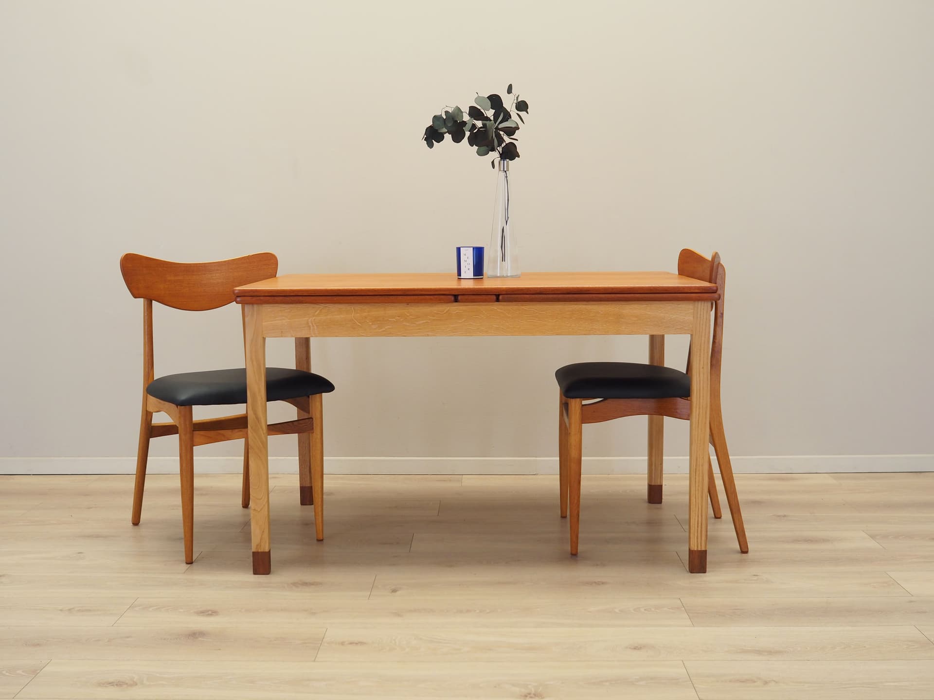 Extendable dining table, brown teak, light oak, Denmark, 1970s. - 123844