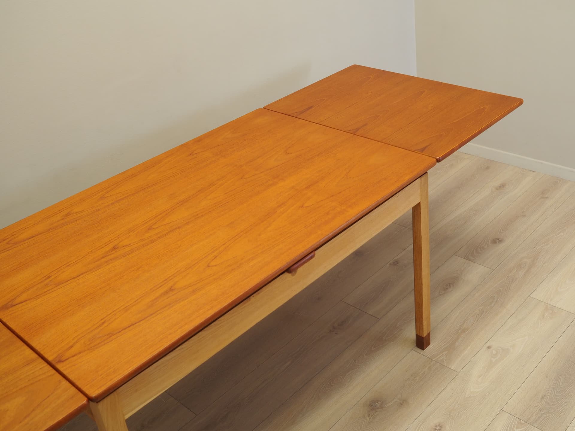 Extendable dining table, brown teak, light oak, Denmark, 1970s. - 123853