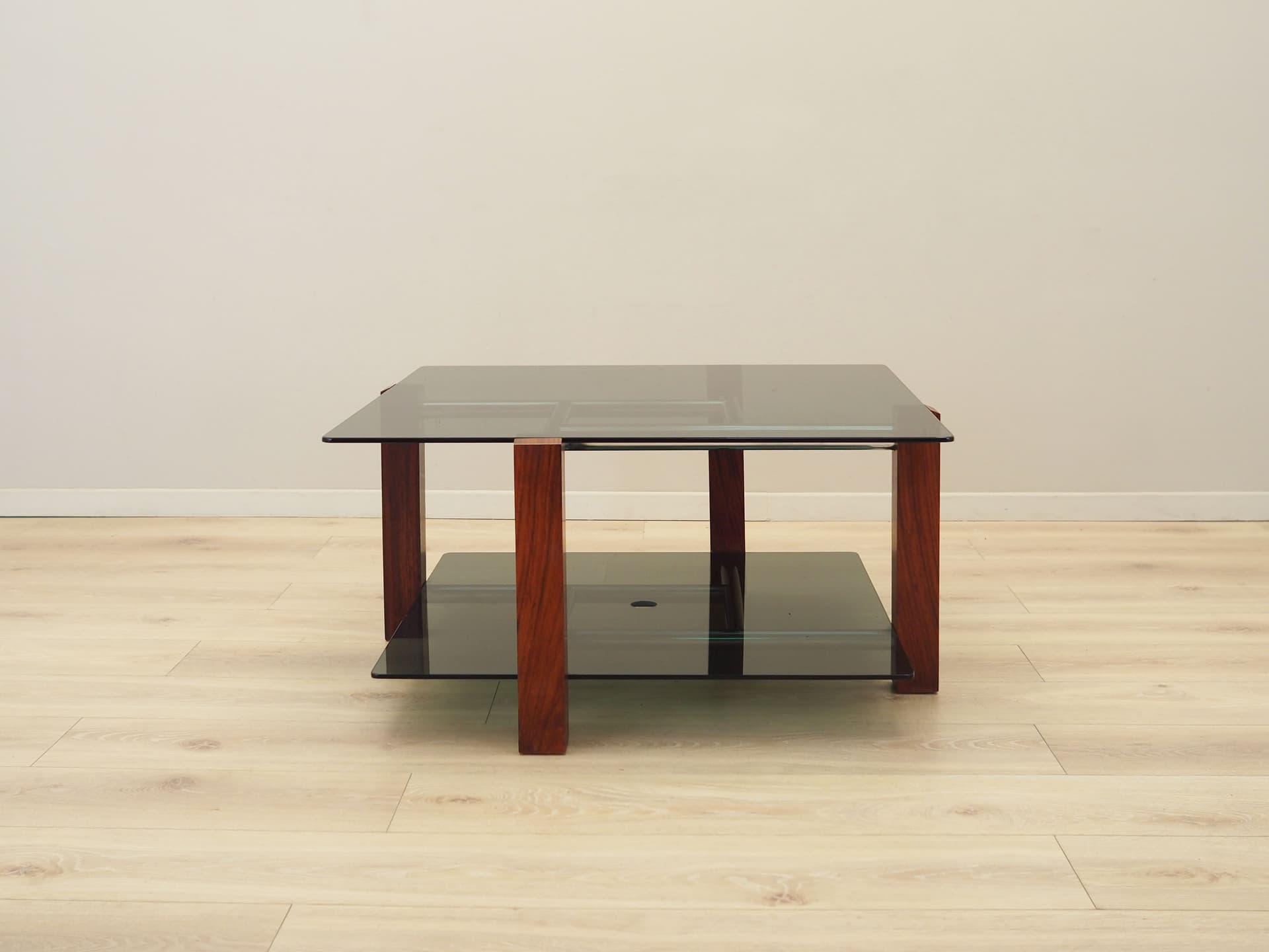 Coffee table, grey glass, rosewood, metal, Italy, 1970s. - 123857