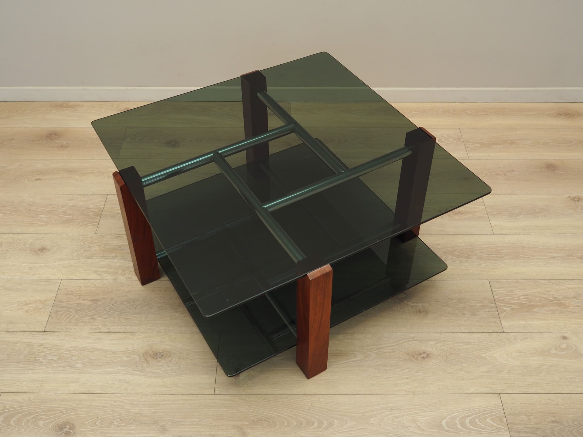 Coffee table, grey glass, rosewood, metal, Italy, 1970s. - 123861