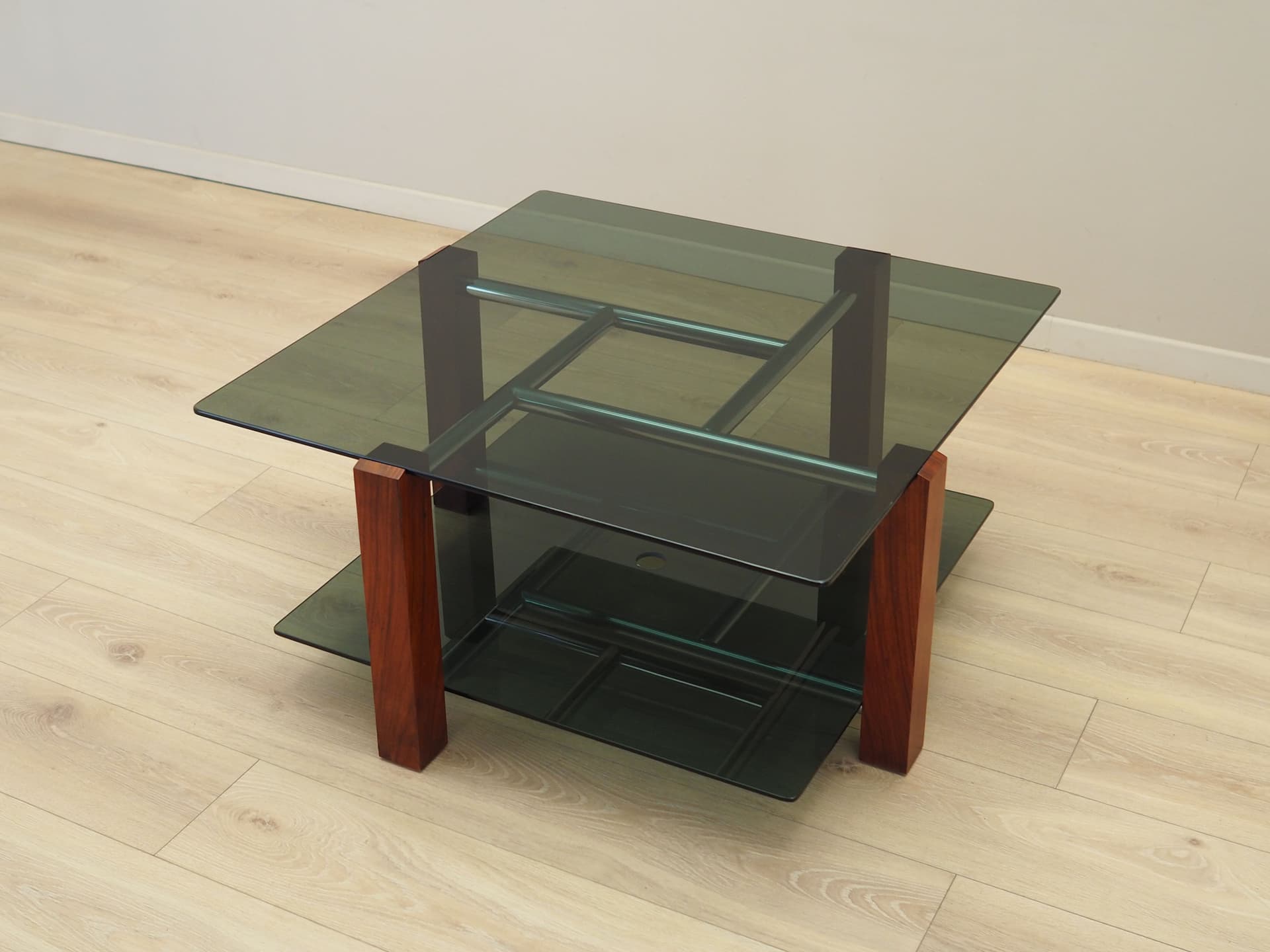 Coffee table, grey glass, rosewood, metal, Italy, 1970s. - 123858