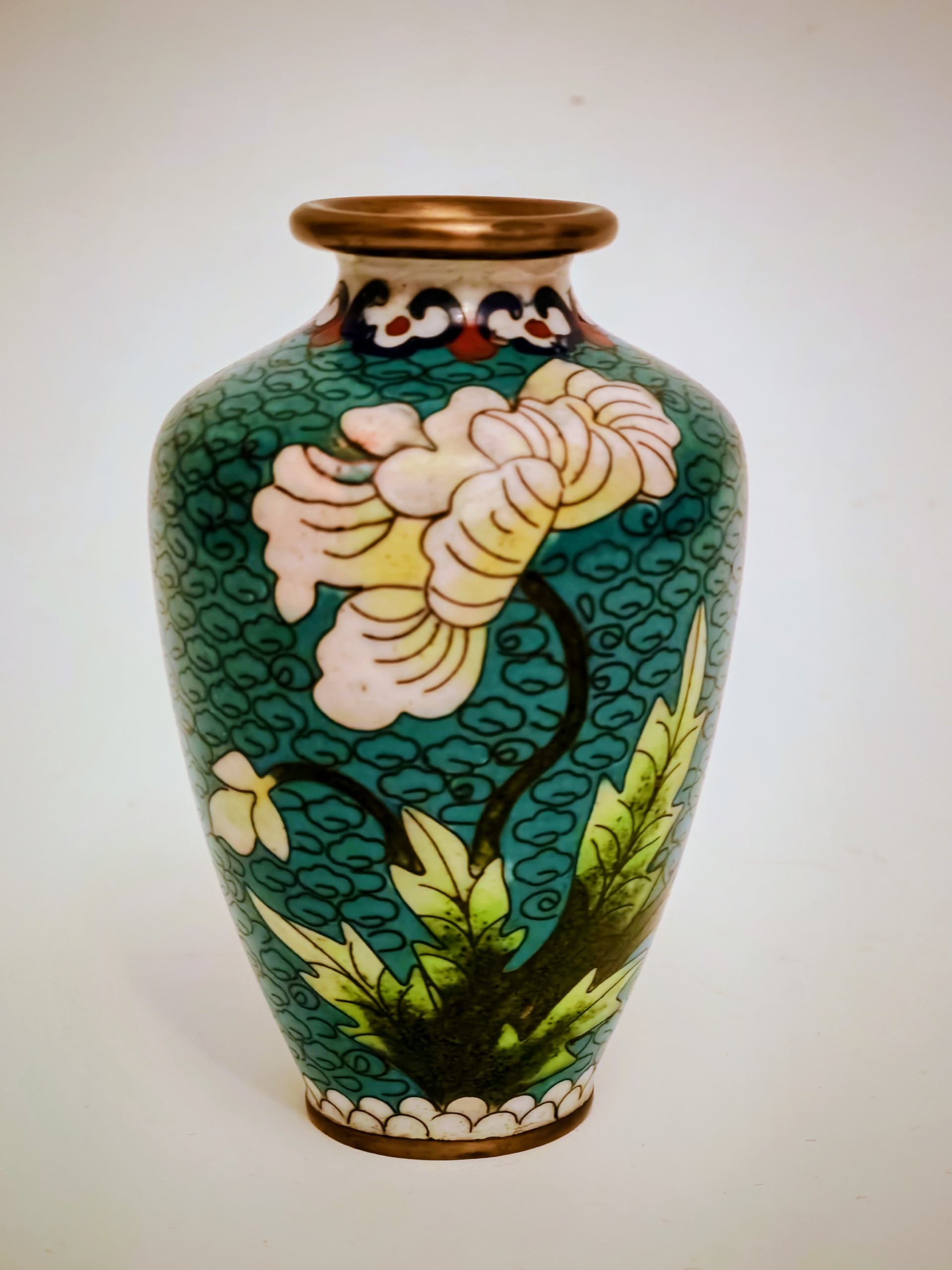 Wazonik, emalia komórkowa turkusowa, Chiny, lata 50. - 124013