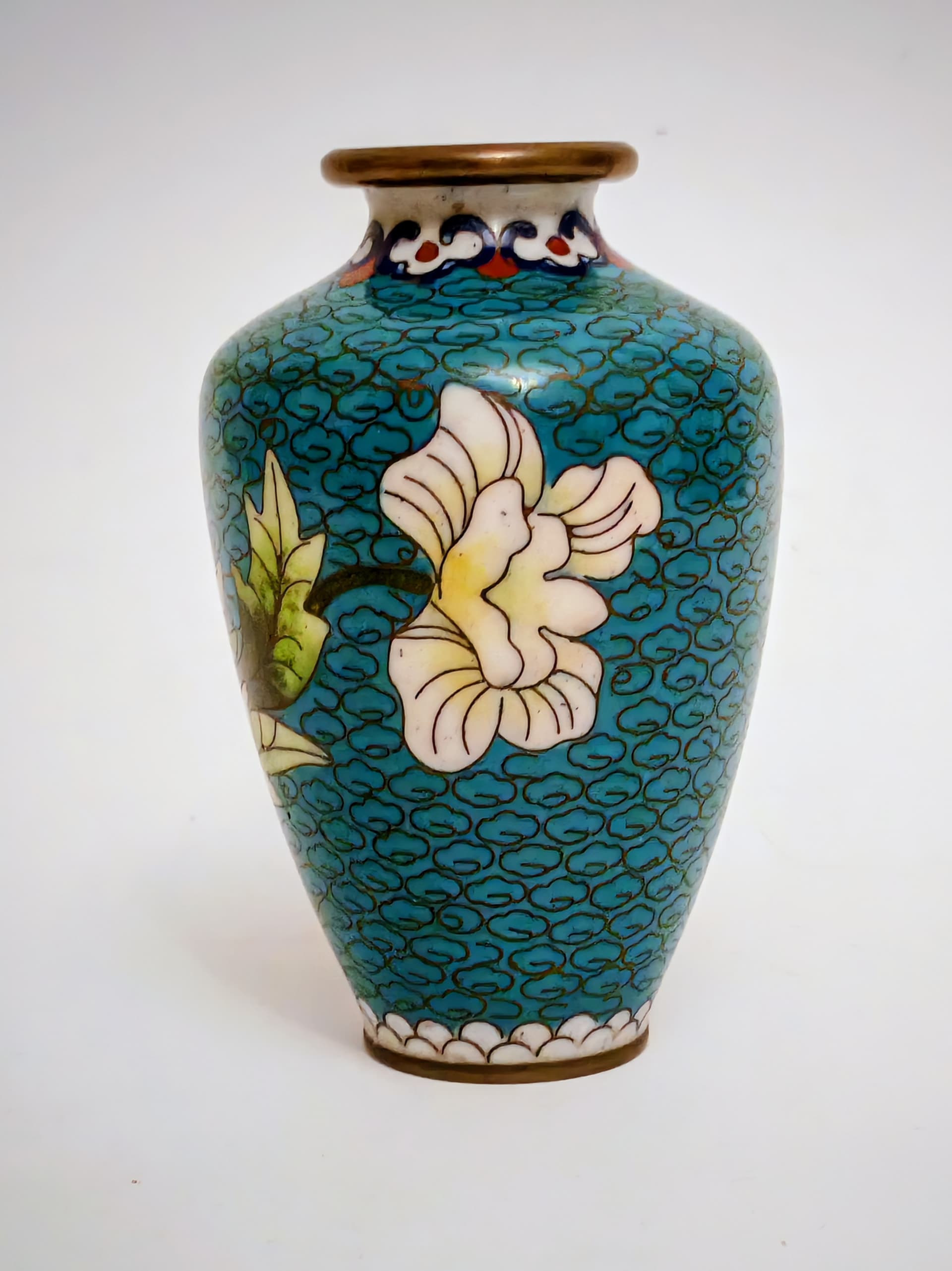 Wazonik, emalia komórkowa turkusowa, Chiny, lata 50. - 124017