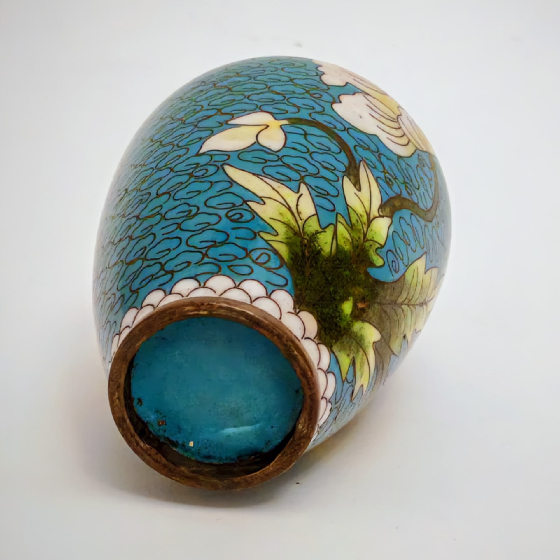 Wazonik, emalia komórkowa turkusowa, Chiny, lata 50. - 124019