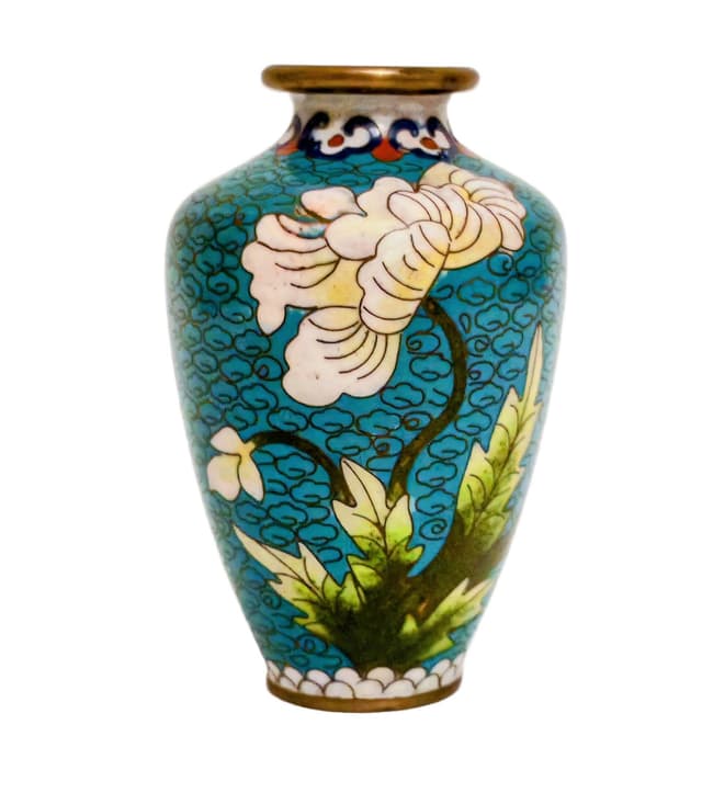 Wazonik, emalia komórkowa turkusowa, Chiny, lata 50. - WYMIARY