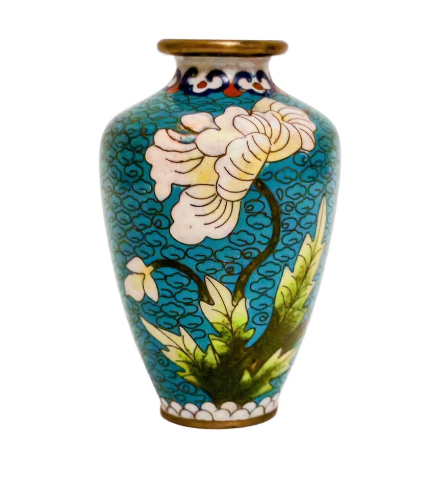 Wazonik, emalia komórkowa turkusowa, Chiny, lata 50.