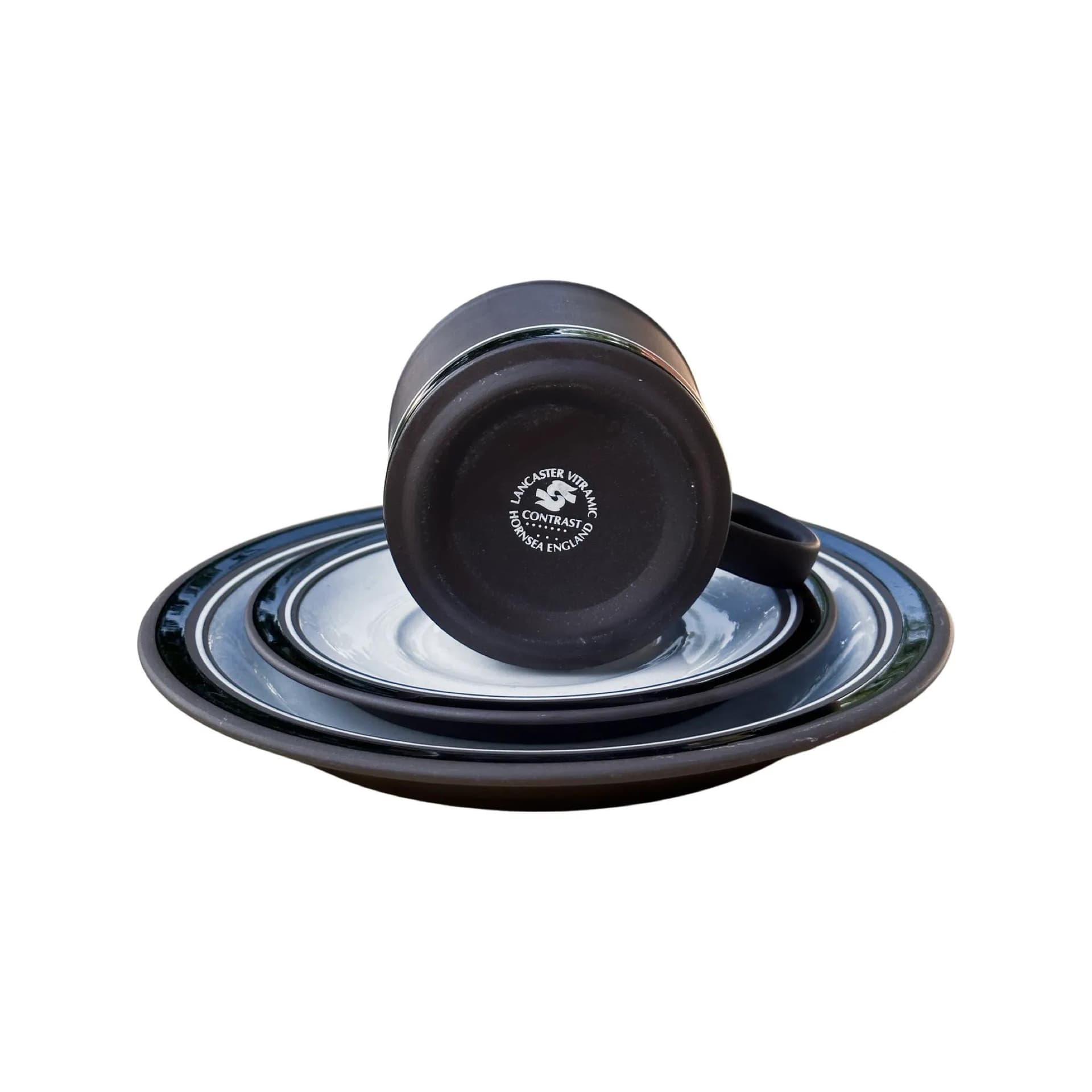 Zestaw śniadaniowy Contrast, brązowy biały granatowy, fajans, proj. M. Hunt, Hornsea, Anglia, lata 70. - 126391