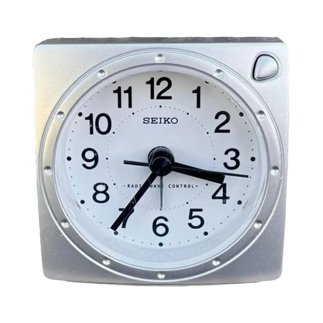 Budzik Space Age, srebrny, plastik, Seiko, Japonia, lata 80. - WYMIARY