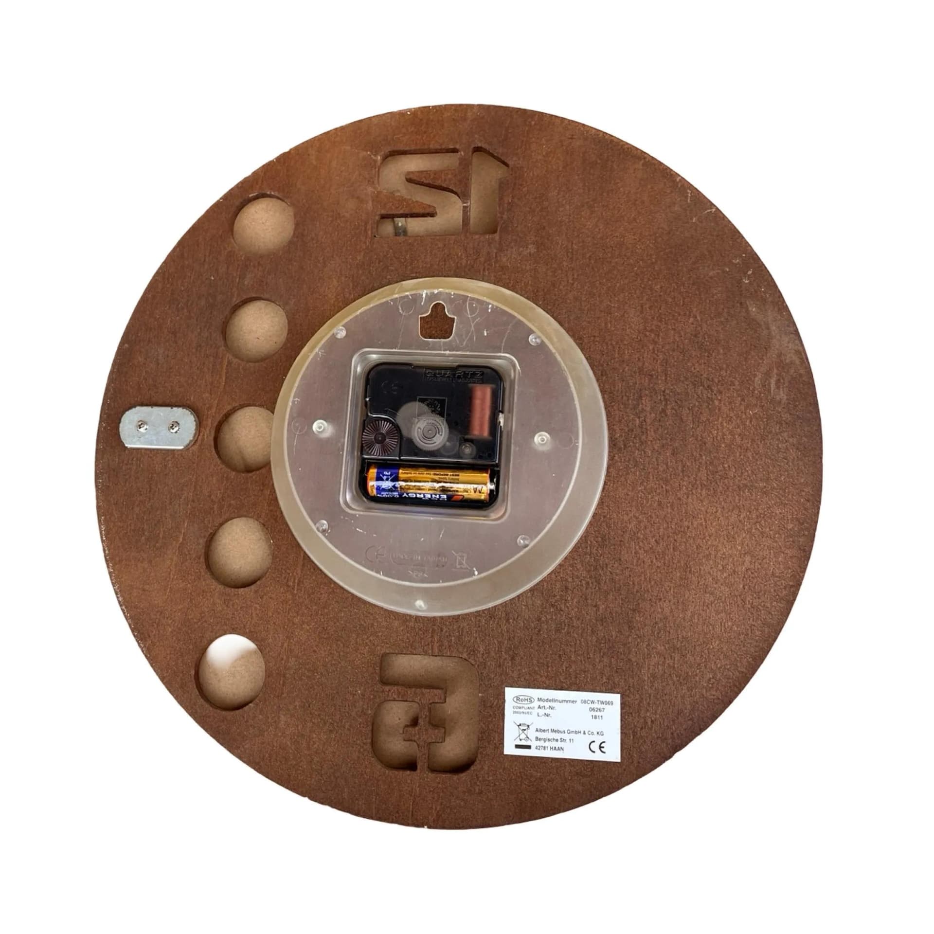 Zegar ścienny, brązowy, drewno, metal, Mebus, Niemcy, lata 90. - 126238