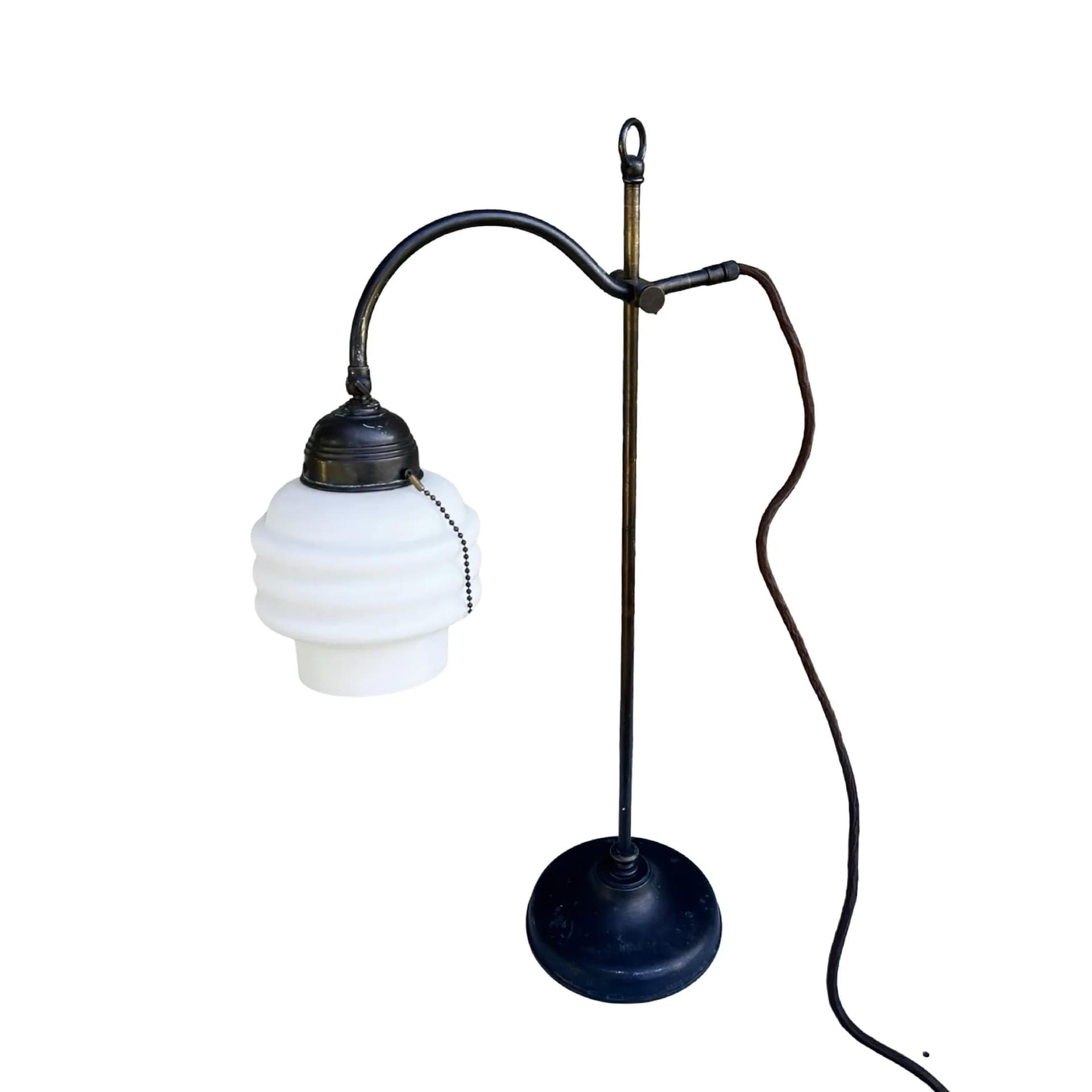 Lampa stołowa Art Deco, mosiądz ciemny brąz, szkło białe, Niemcy, lata 30. - 126090