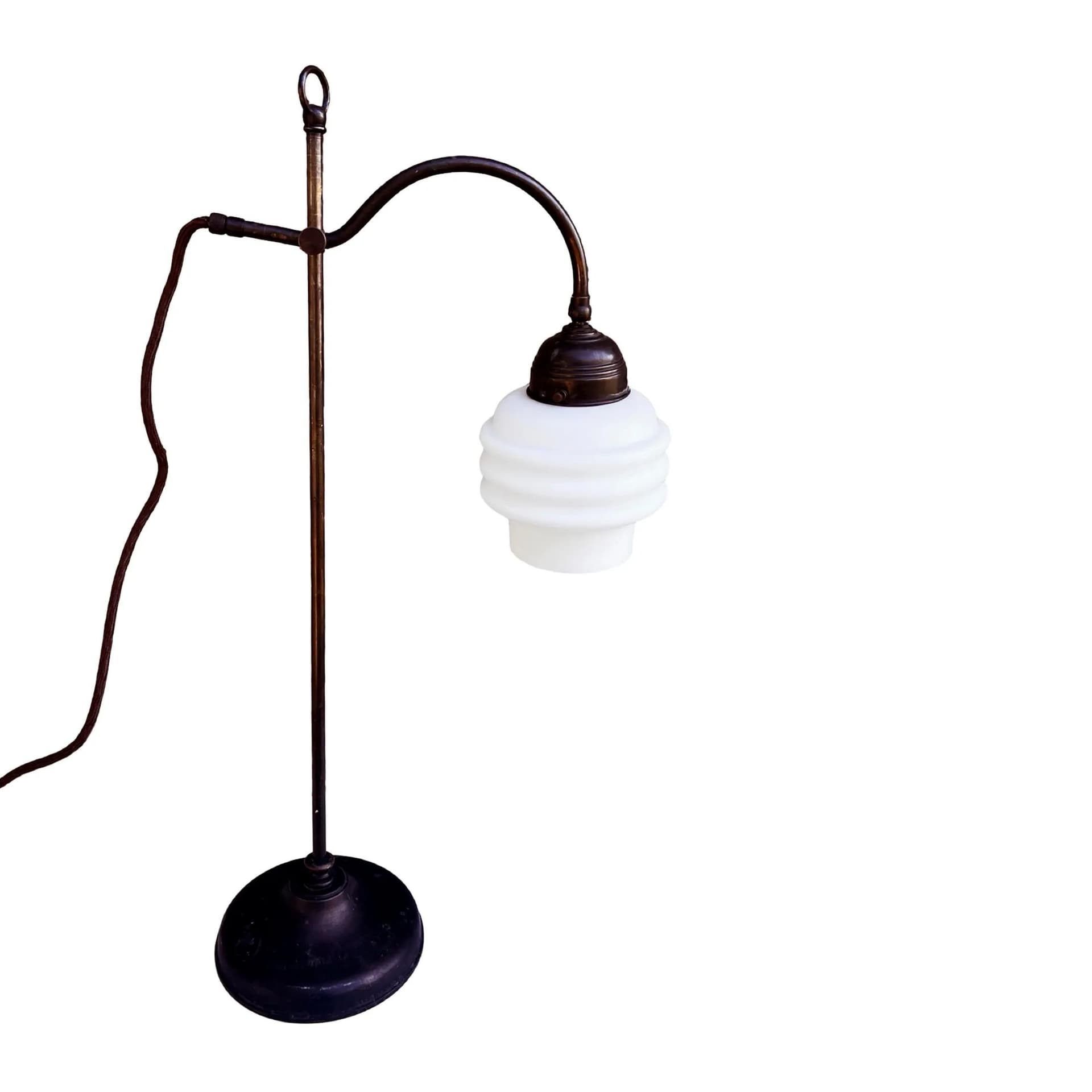 Lampa stołowa Art Deco, mosiądz ciemny brąz, szkło białe, Niemcy, lata 30. - 126085