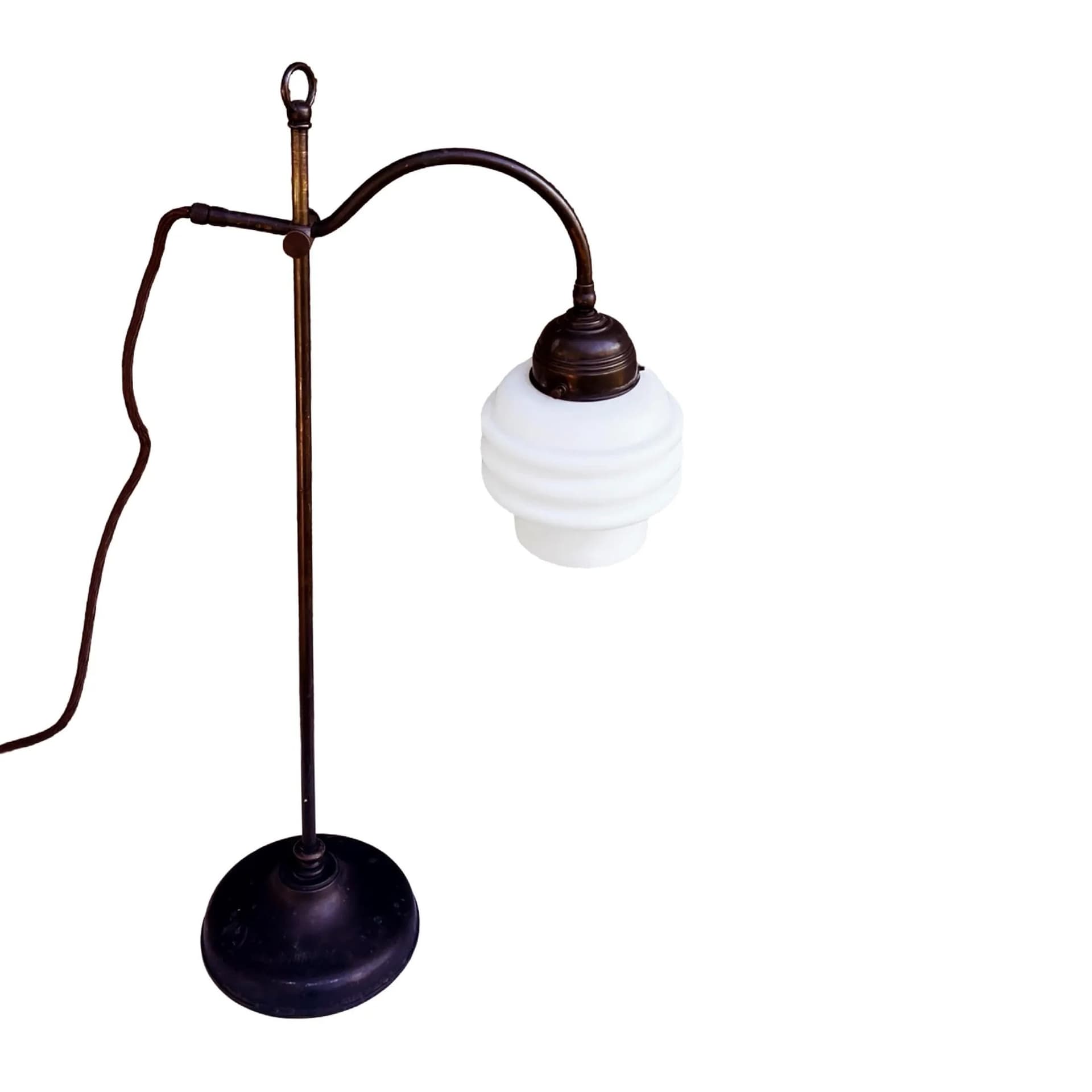 Lampa stołowa Art Deco, mosiądz ciemny brąz, szkło białe, Niemcy, lata 30. - 126086