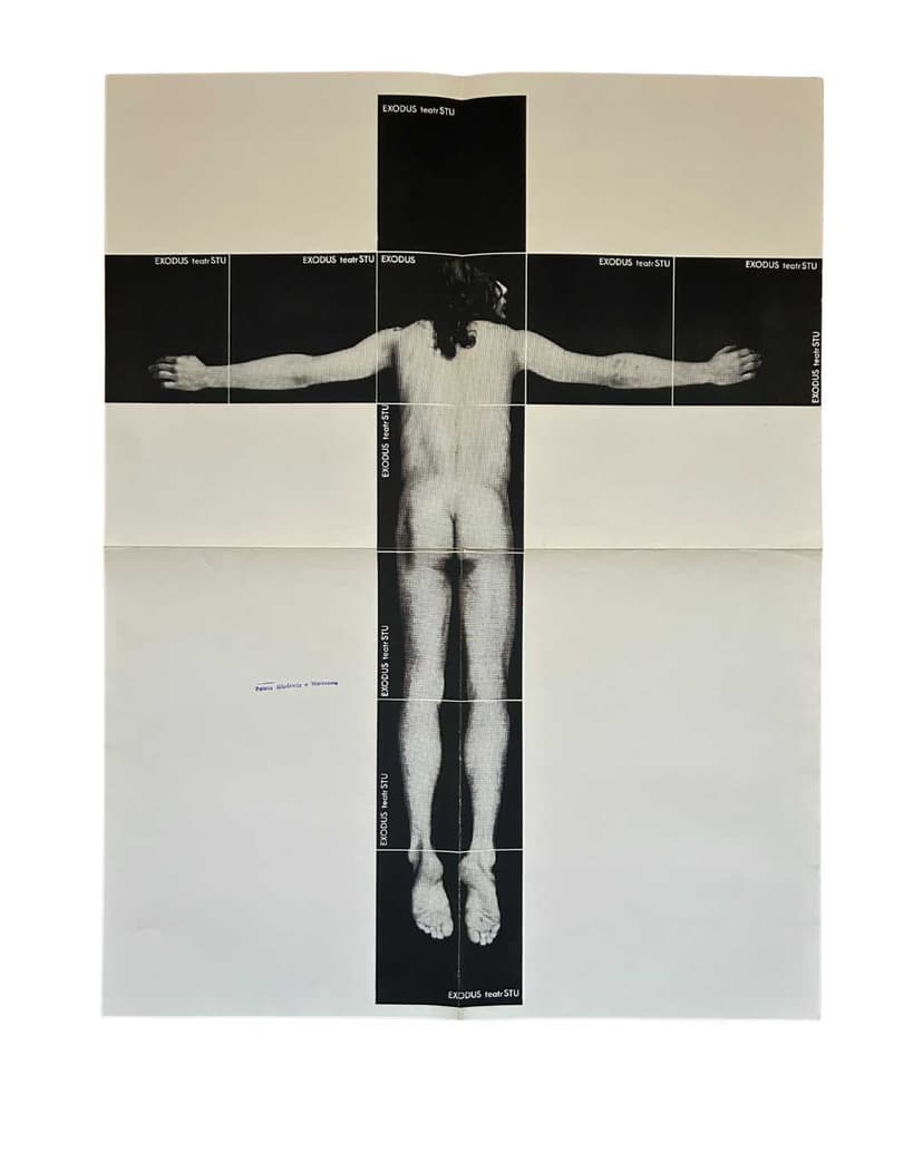 Plakat EXODUS, 60,5x46,5 cm, biały czarny, aut. E. Get Stankiewicz, Polska, lata 70.