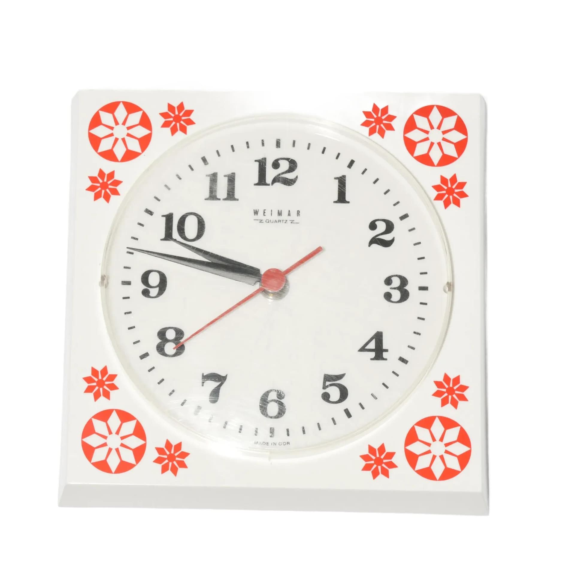 Zegar ścienny Weimar, biały czerwony przezroczysty, tworzywo sztuczne, Niemcy, lata 70.