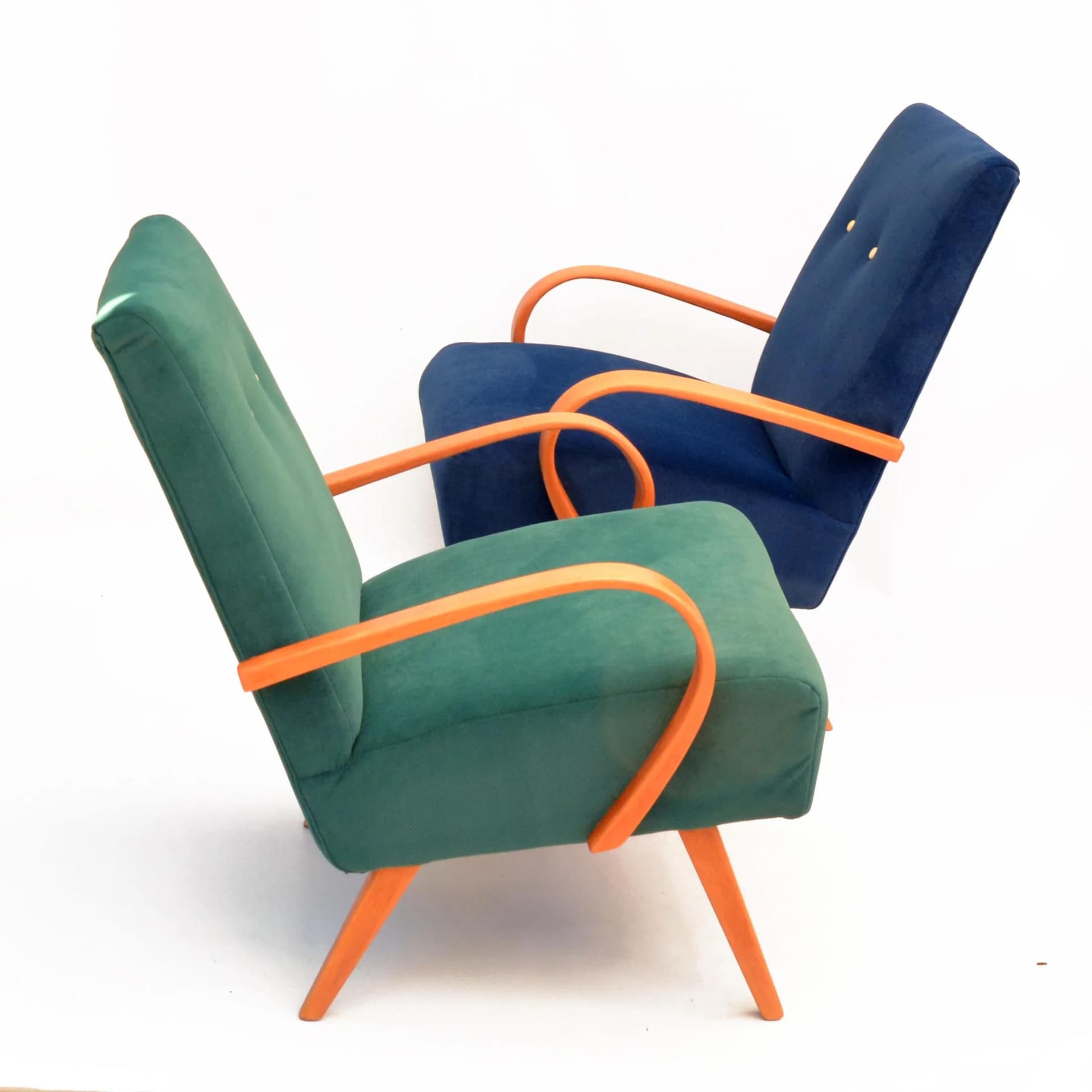 Pair of armchairs 6952, navy blue and green velvet, beech, by J. Smídek, TON, Czechoslovakia, 1960s. - 129744