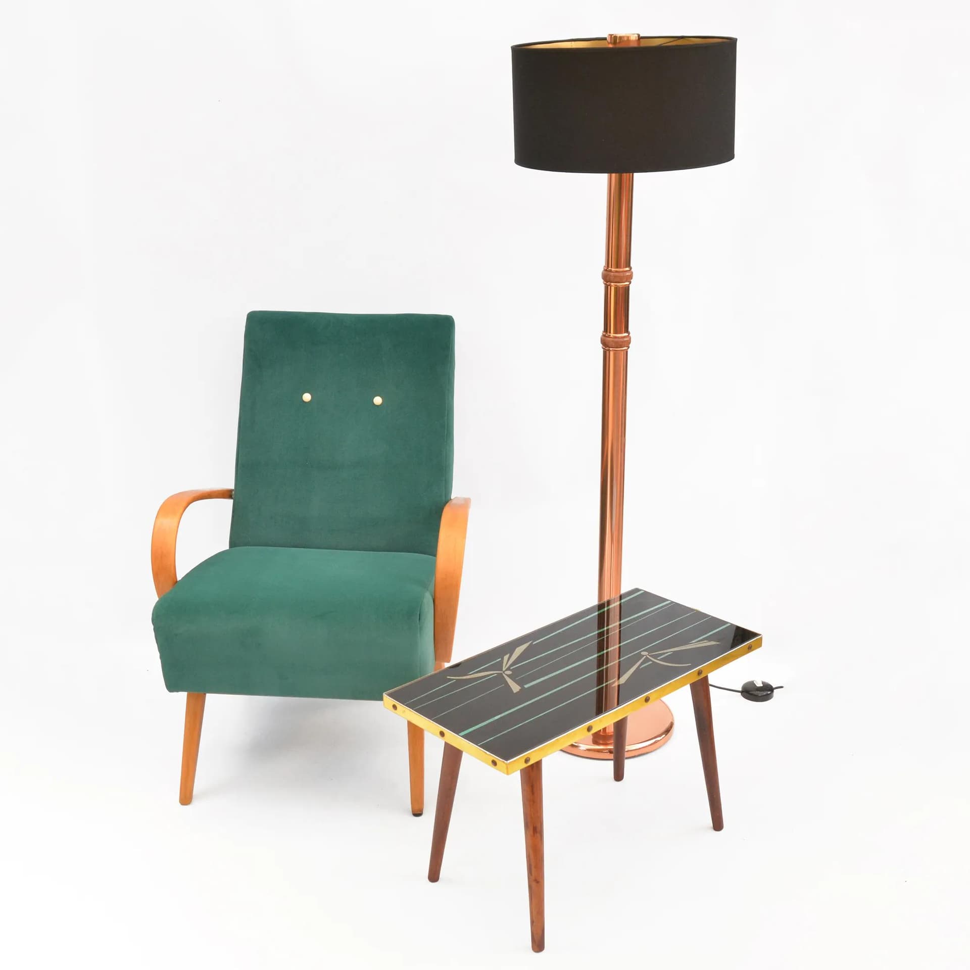 Pair of armchairs 6952, navy blue and green velvet, beech, by J. Smídek, TON, Czechoslovakia, 1960s. - 129746