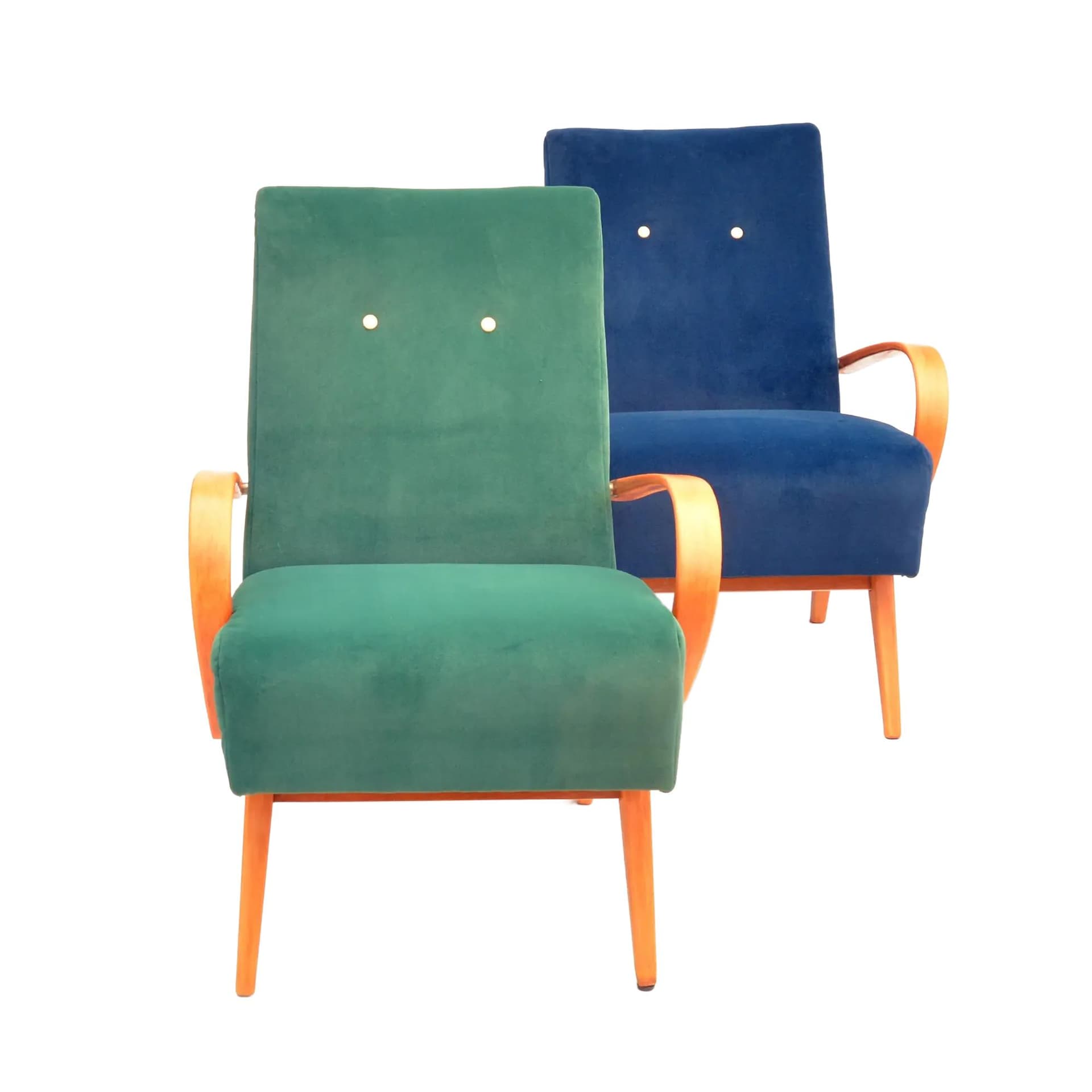 Pair of armchairs 6952, navy blue and green velvet, beech, by J. Smídek, TON, Czechoslovakia, 1960s.