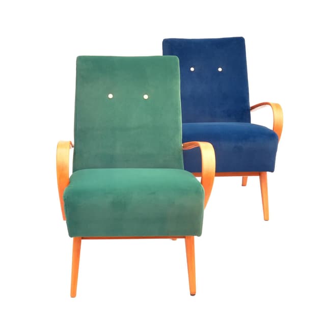 Pair of armchairs 6952, navy blue and green velvet, beech, by J. Smídek, TON, Czechoslovakia, 1960s. - DIMENSION