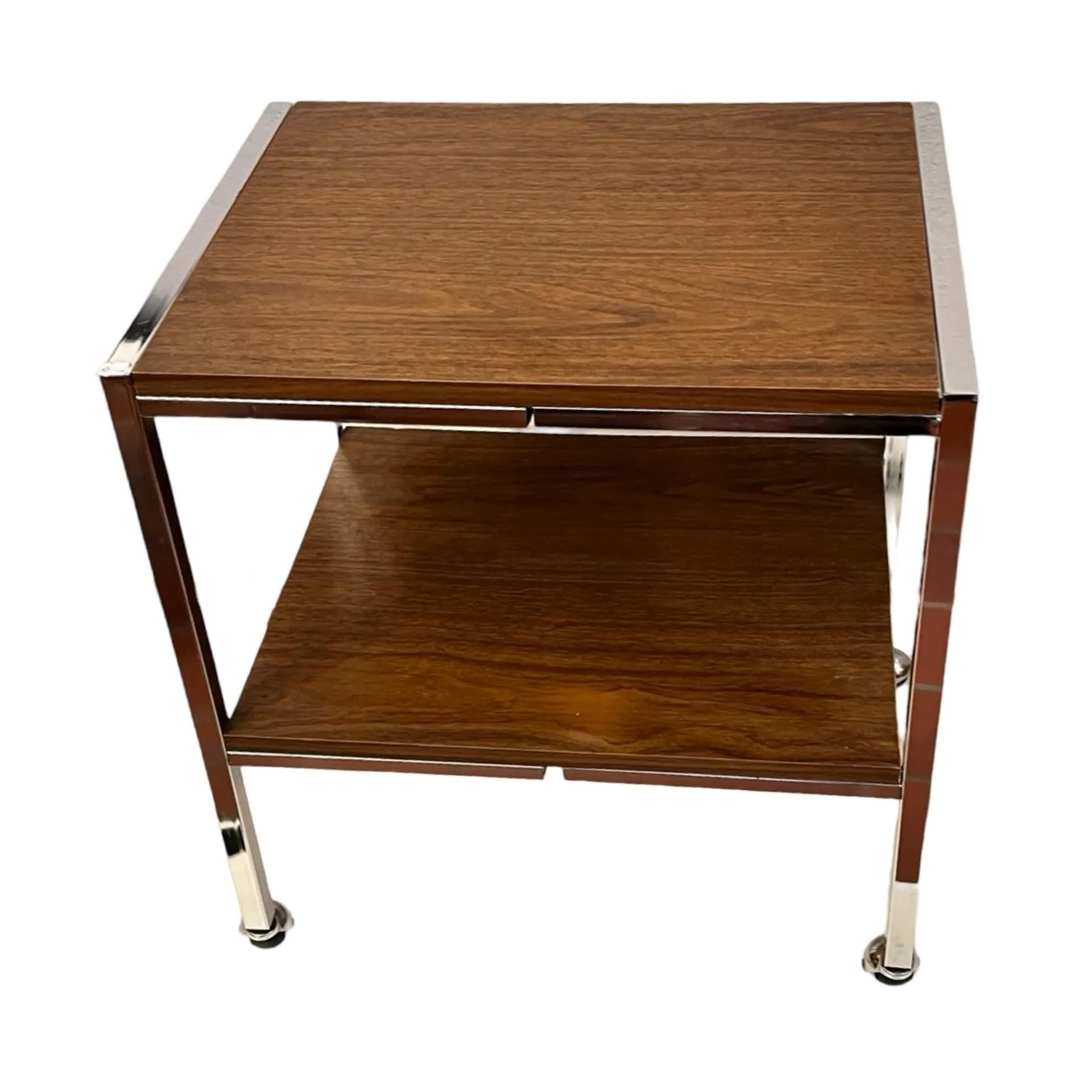 Stolik mobilny modernistyczny, orzech, stal chromowana, Dania, lata 70. - 129701