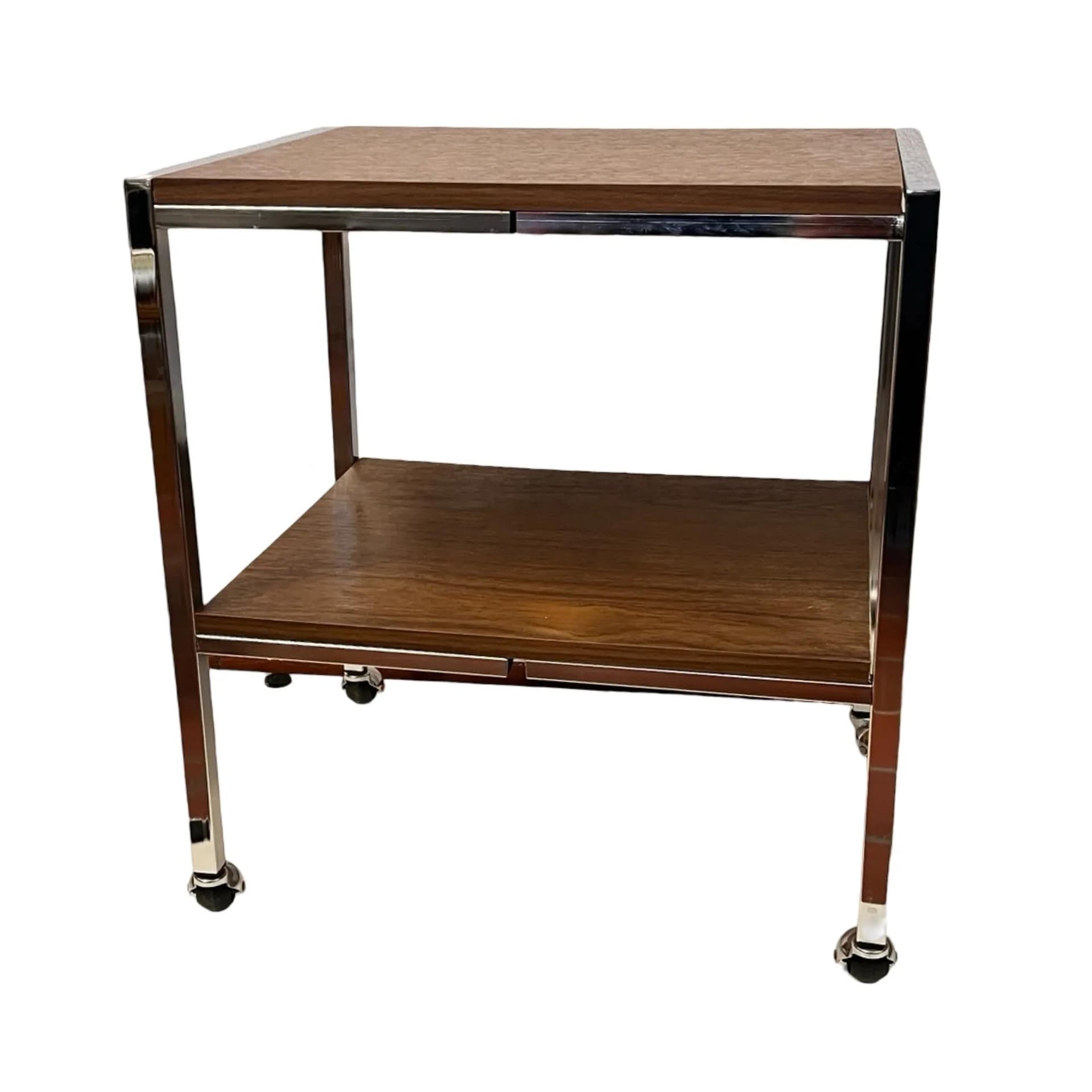 Stolik mobilny modernistyczny, orzech, stal chromowana, Dania, lata 70. - 129700