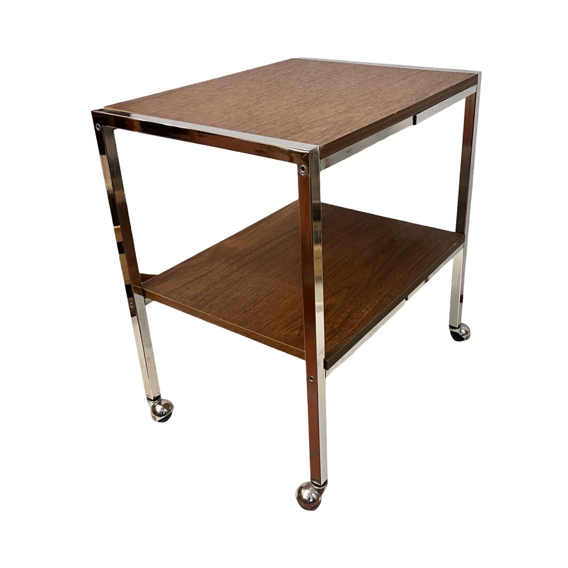 Stolik mobilny modernistyczny, orzech, stal chromowana, Dania, lata 70. - 129703