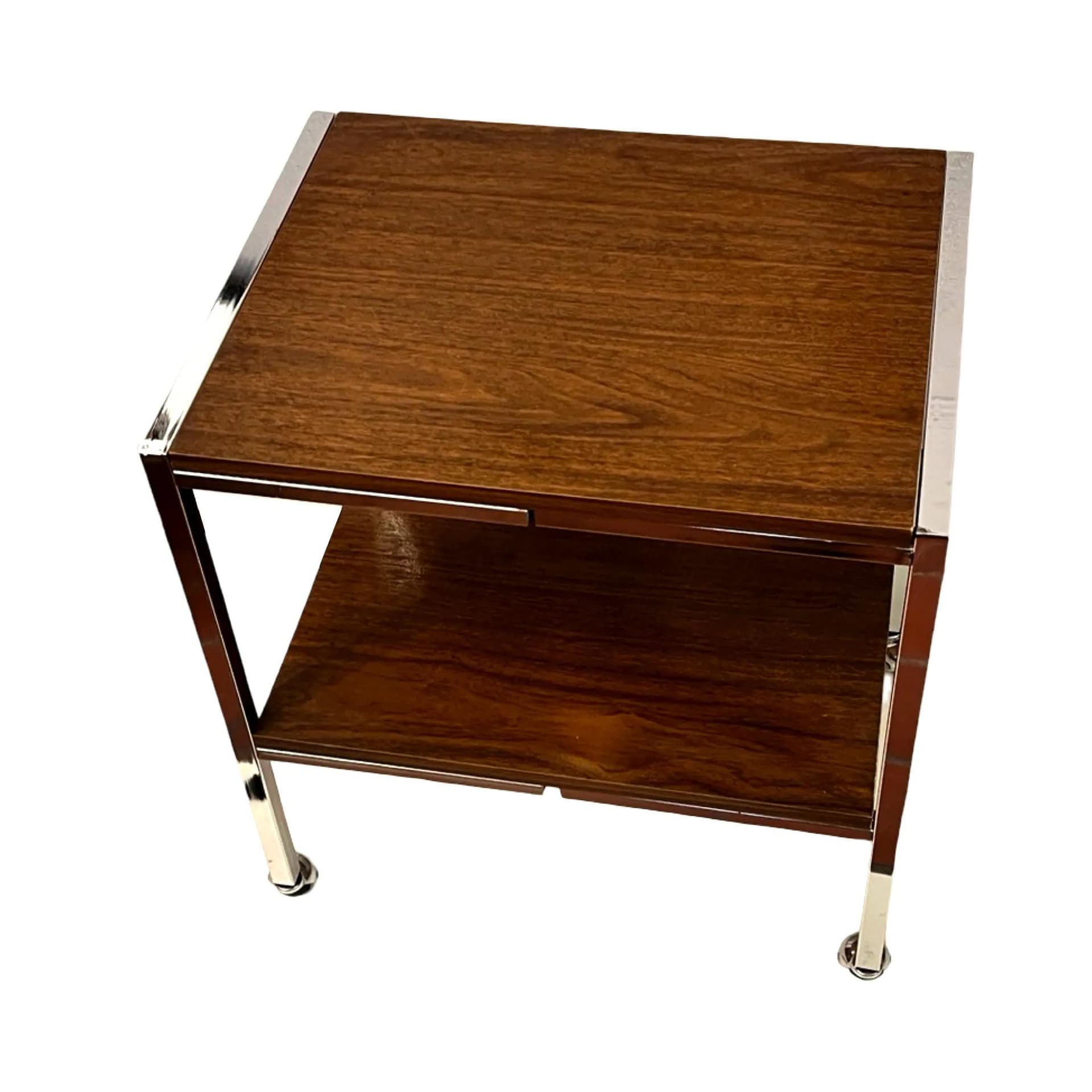 Stolik mobilny modernistyczny, orzech, stal chromowana, Dania, lata 70. - 129702