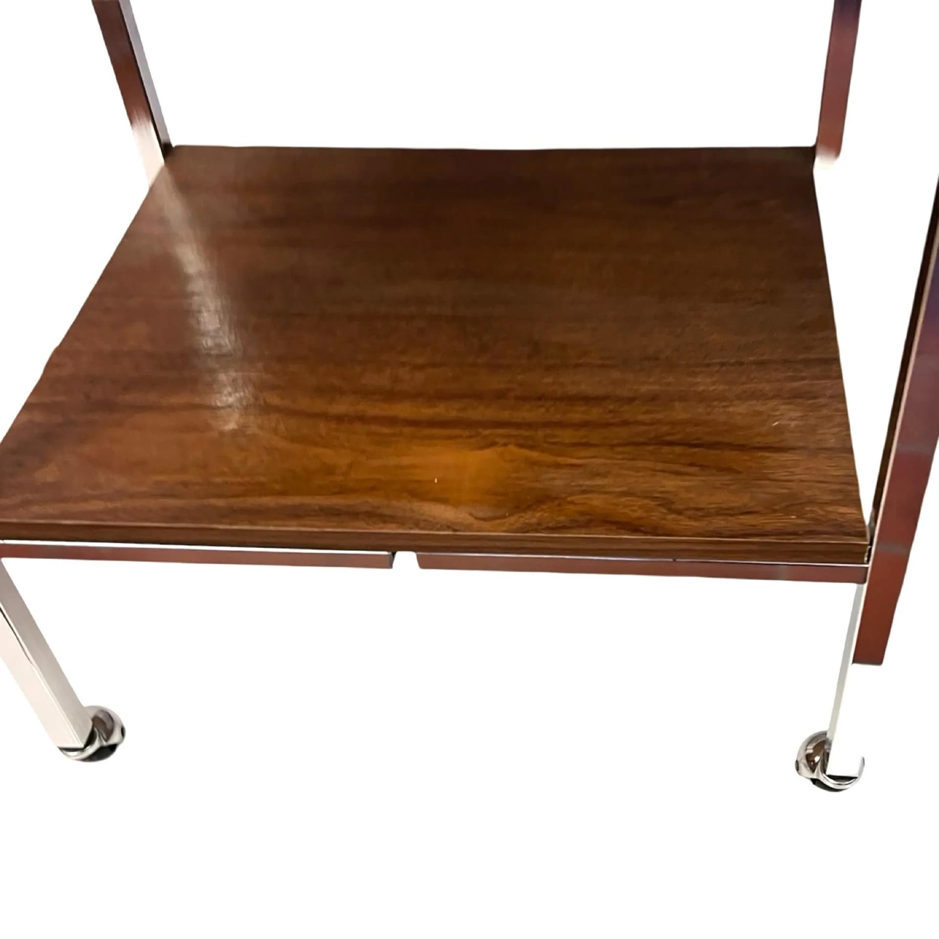 Stolik mobilny modernistyczny, orzech, stal chromowana, Dania, lata 70. - 129698
