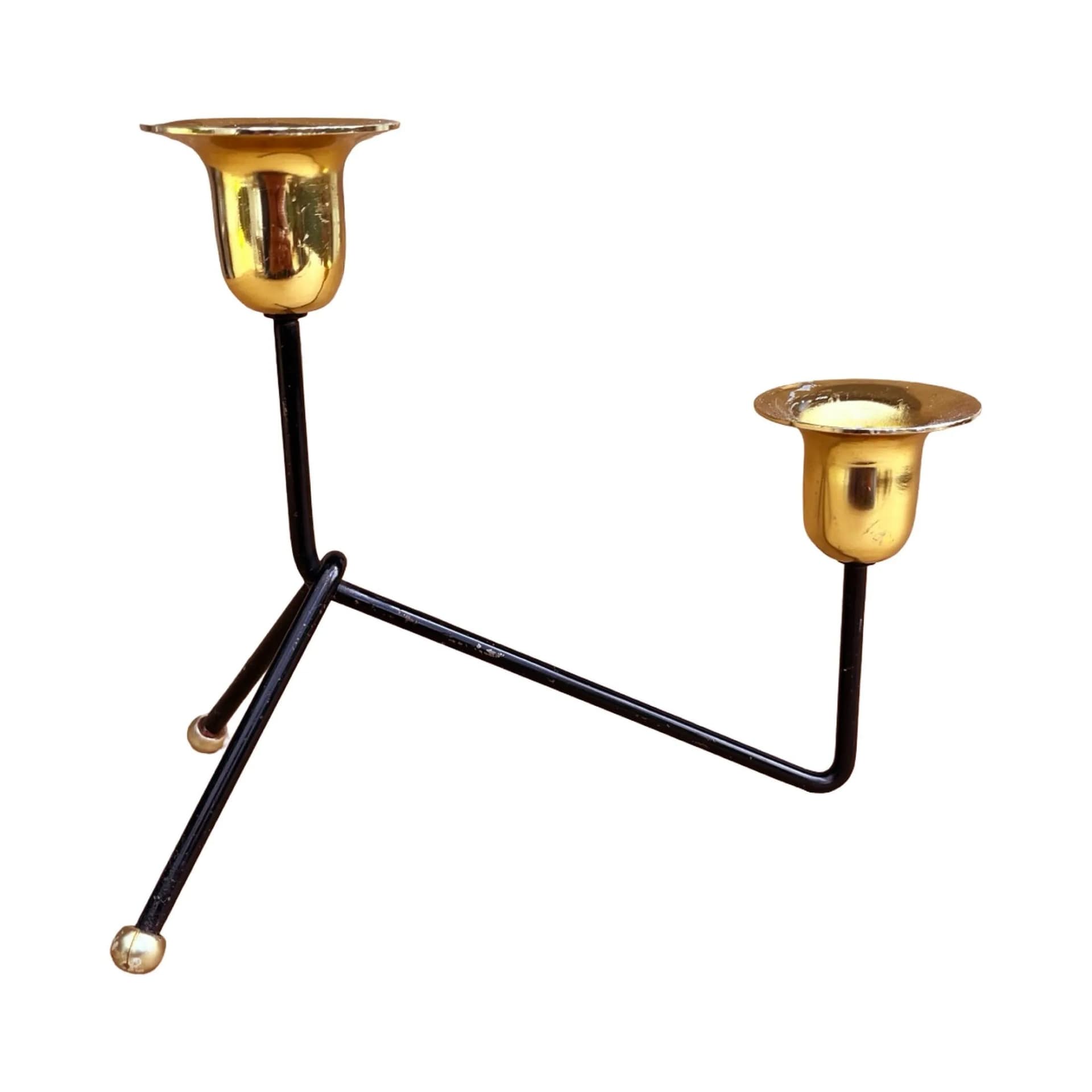 Świecznik dwupunktowy, czarny aluminium, mosiądz złoty, Belgia, lata 70. - 129510