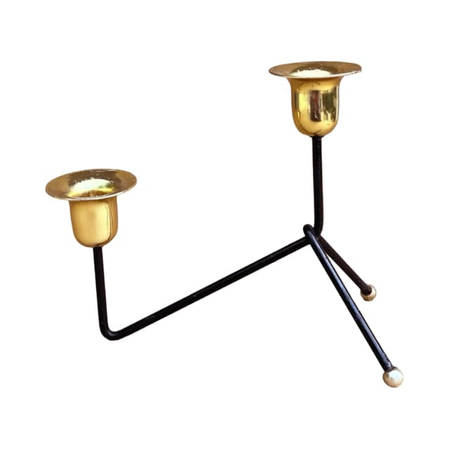 Świecznik dwupunktowy, czarny aluminium, mosiądz złoty, Belgia, lata 70. - WYMIARY