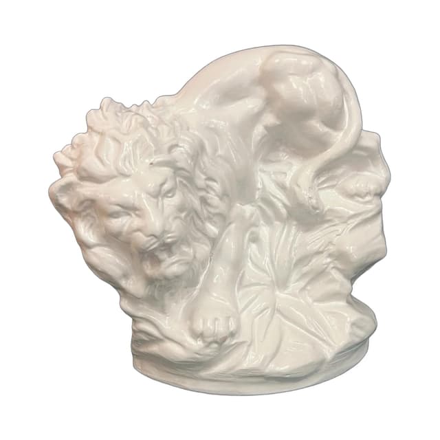 Figura lwa art déco, biały, ceramika, Czechy, początek XX w. - WYMIARY