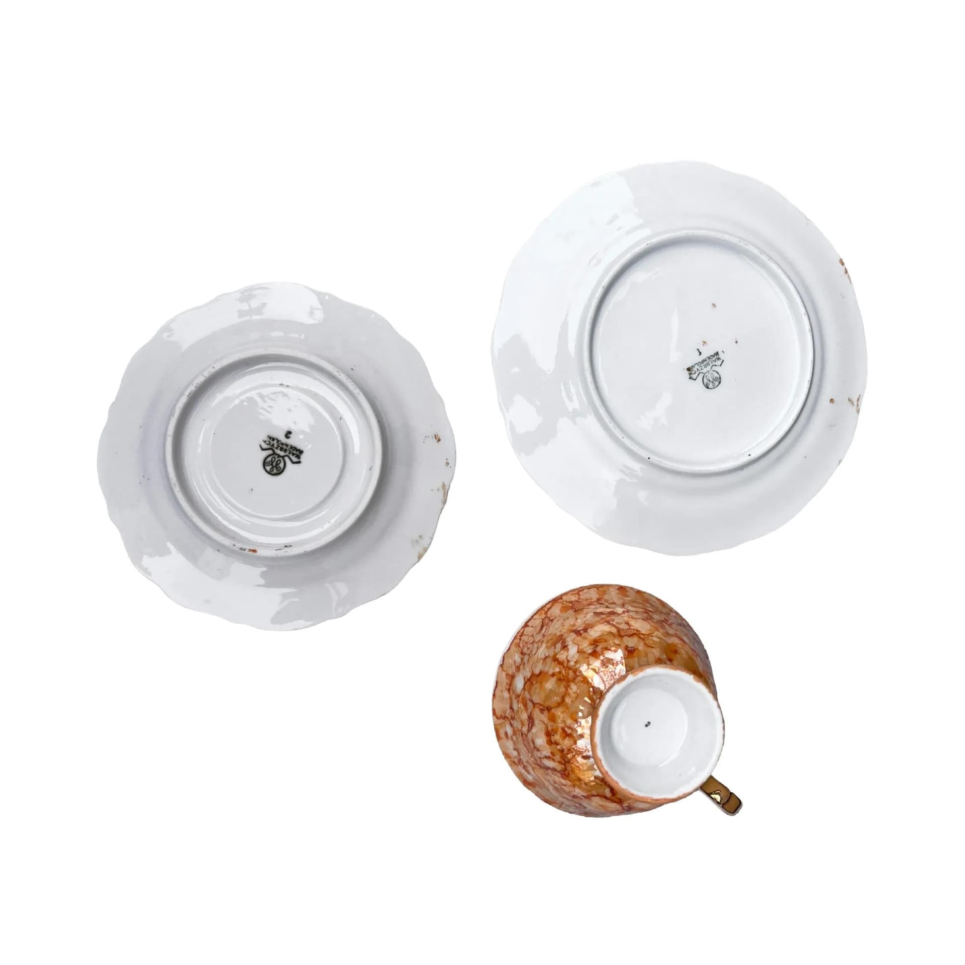 Zestaw śniadaniowy marmurkowy pomarańczowy, porcelana, Wałbrzych, Polska, lata 70. - 129414