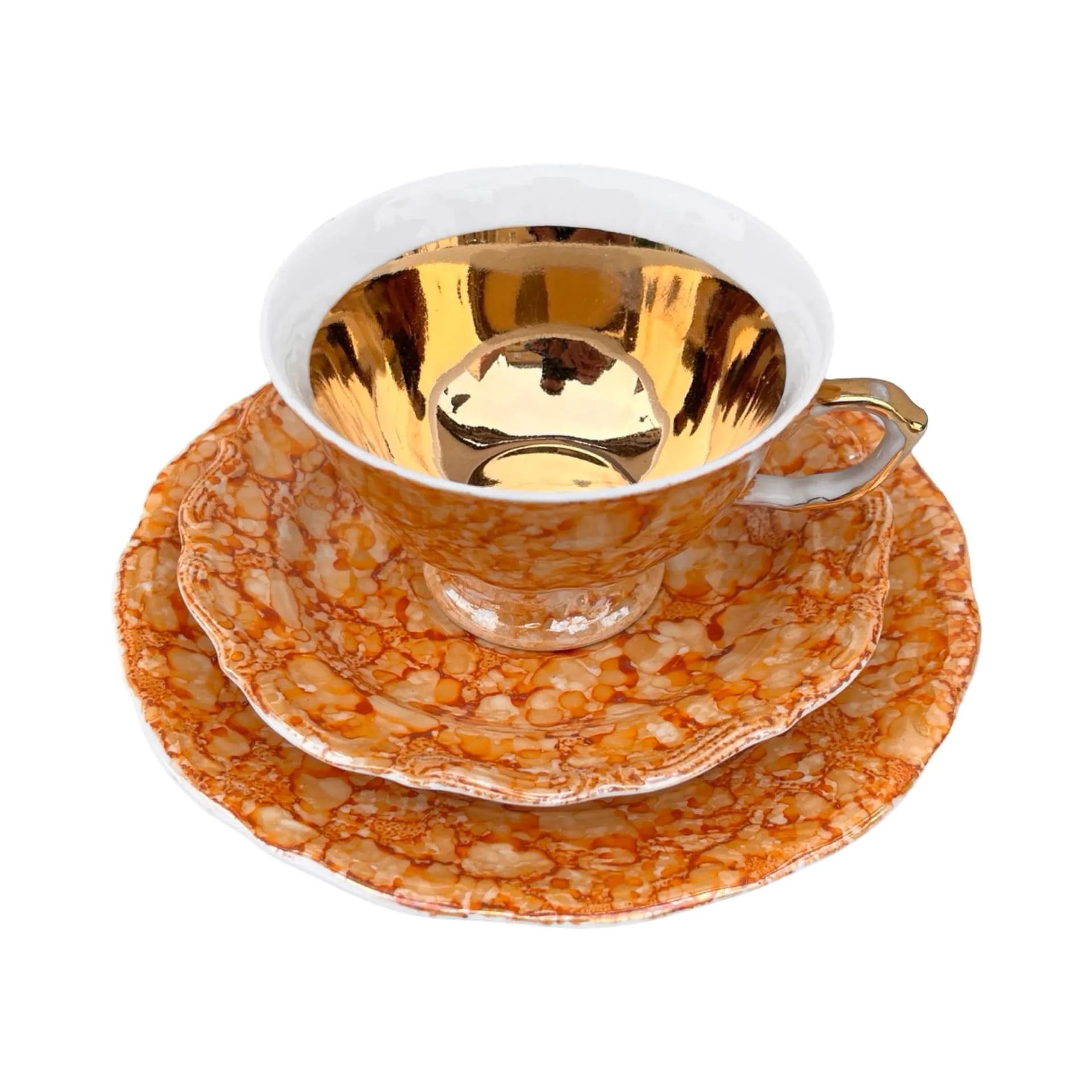 Zestaw śniadaniowy marmurkowy pomarańczowy, porcelana, Wałbrzych, Polska, lata 70. - 129413