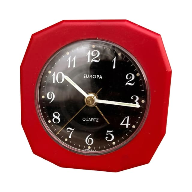 Budzik elektryczny, czerwony, plastik szkło, Niemcy, lata 60. - WYMIARY