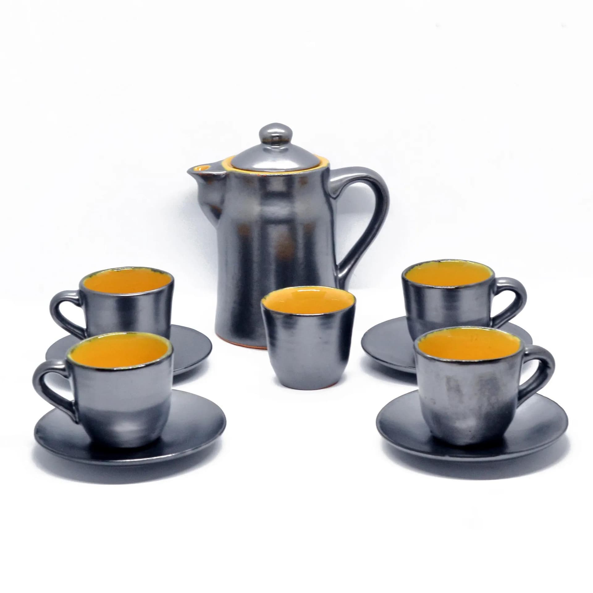 Coffee set, black yellow, stoneware, by S. Gramann, Germany, 1960s. - 129289