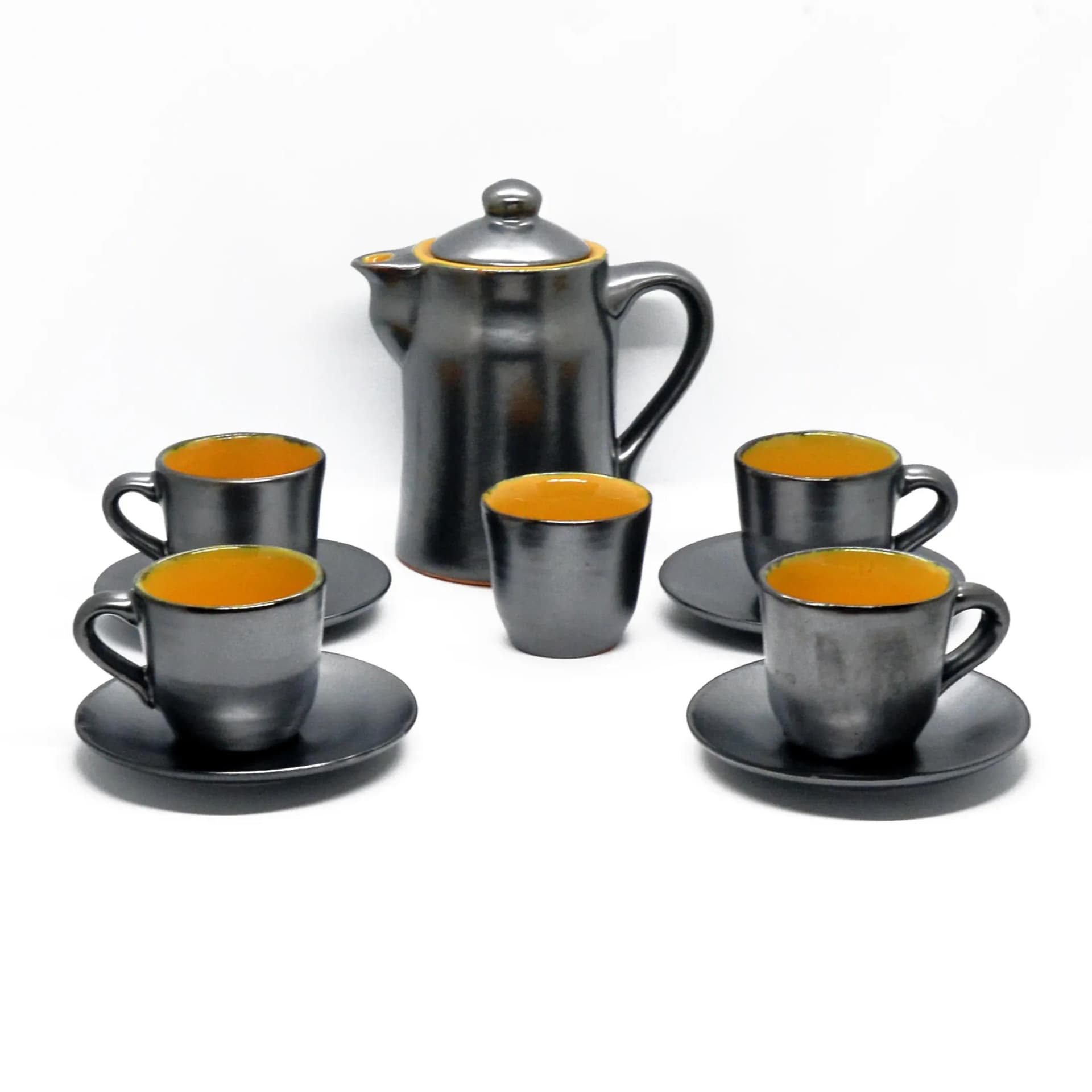 Coffee set, black yellow, stoneware, by S. Gramann, Germany, 1960s. - 129287
