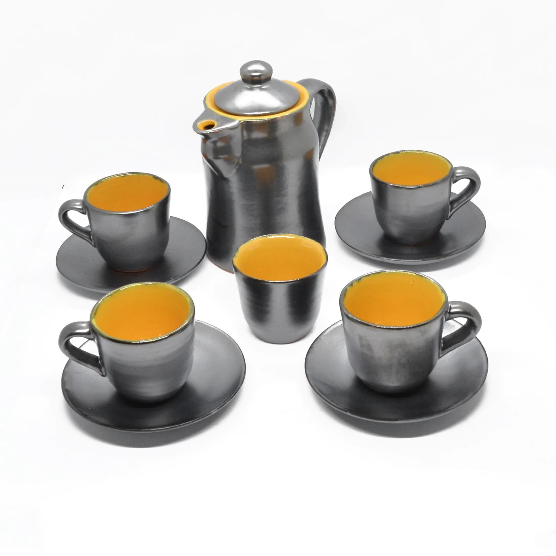 Coffee set, black yellow, stoneware, by S. Gramann, Germany, 1960s. - 129290