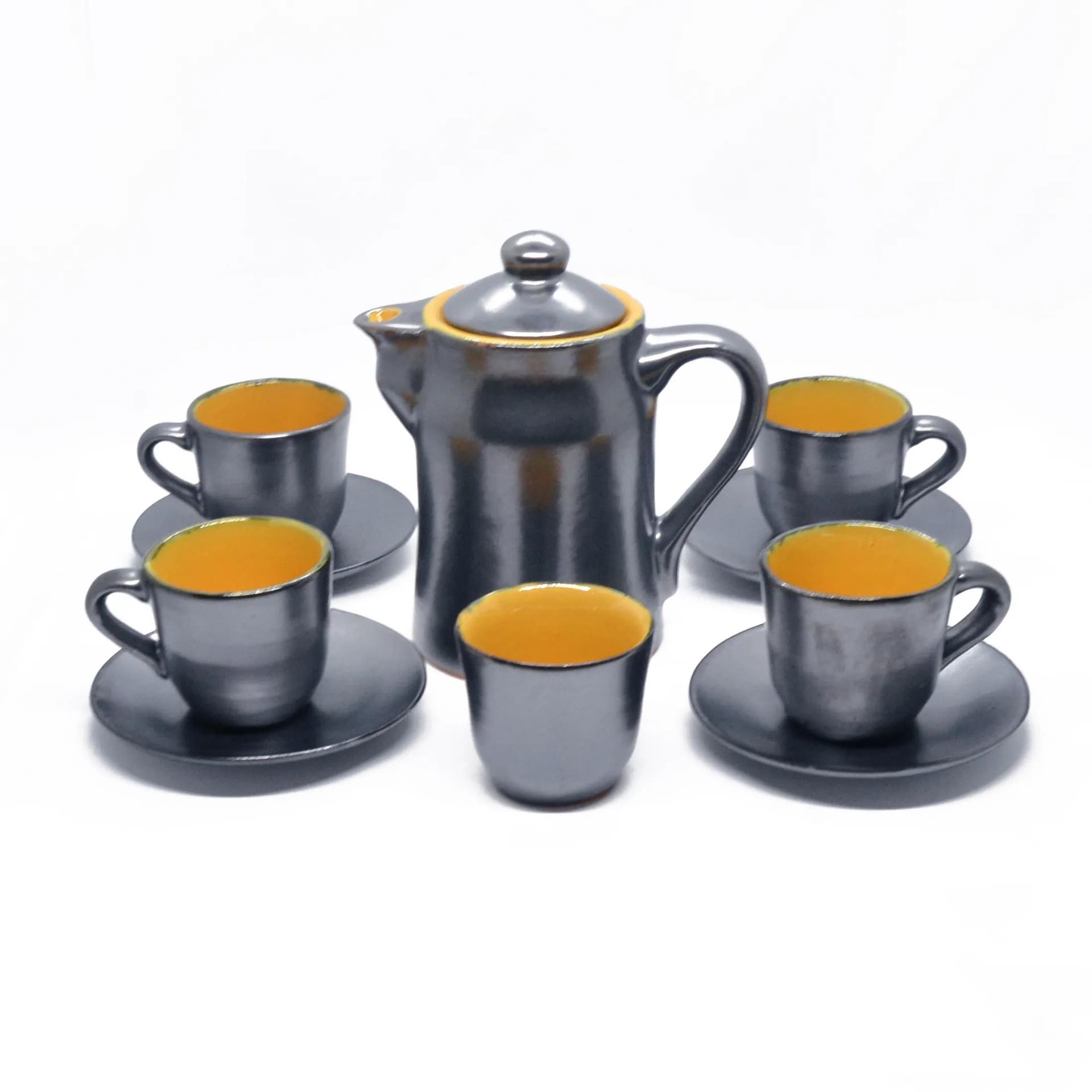 Coffee set, black yellow, stoneware, by S. Gramann, Germany, 1960s. - 129288