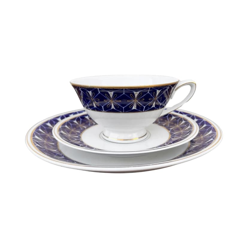 Breakfast Set Trio, white cobalt gold, porcelain, Germany, 1970s.