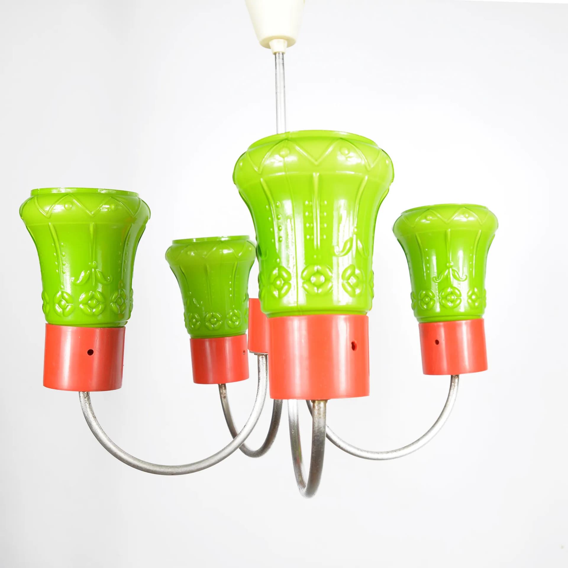 Pendant lamp, pop art, green glass, red plastic, chrome steel, ZZM Domgos Zabrze, Poland, 1970s. - 128760