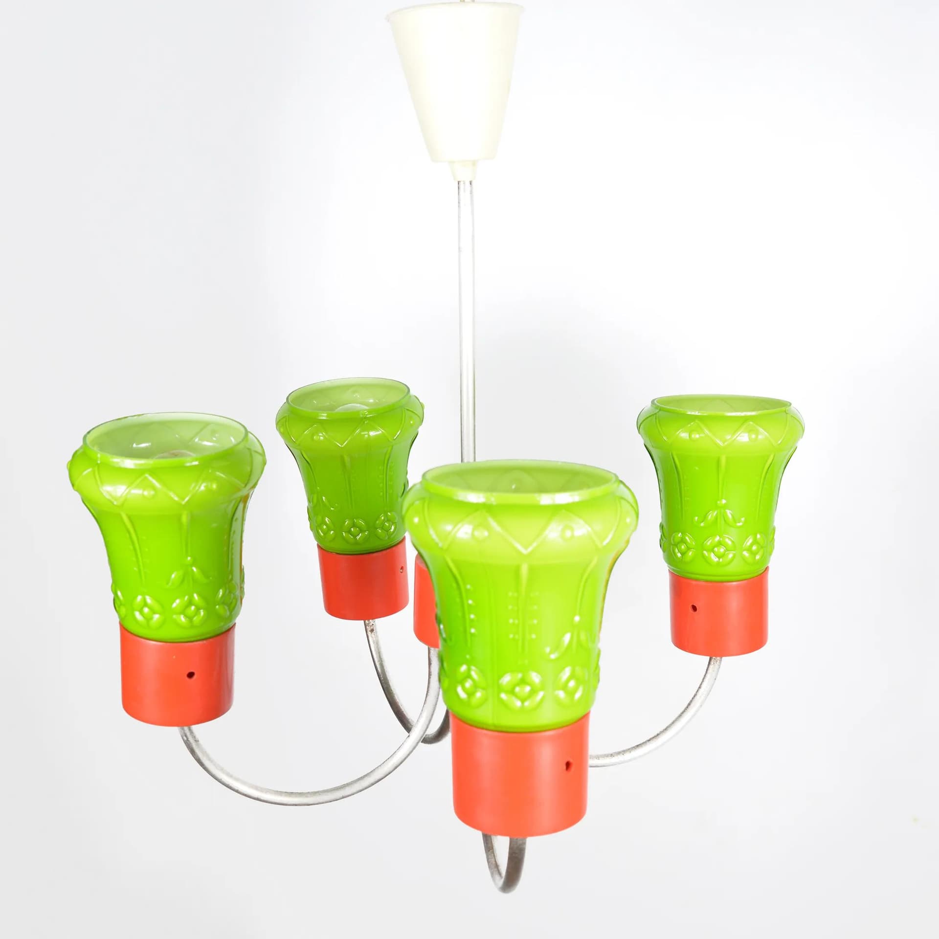 Pendant lamp, pop art, green glass, red plastic, chrome steel, ZZM Domgos Zabrze, Poland, 1970s. - 128759