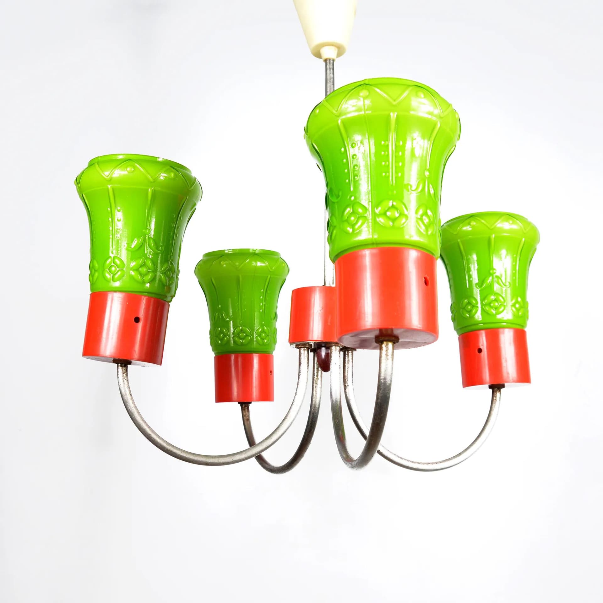 Pendant lamp, pop art, green glass, red plastic, chrome steel, ZZM Domgos Zabrze, Poland, 1970s. - 128761