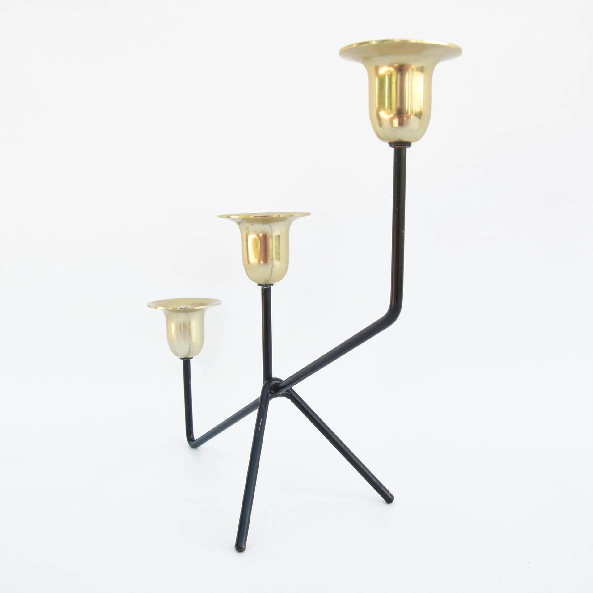 Świecznik stołowy minimalistyczny, aluminium czarne, mosiądz złoty, Belgia, lata 70. - 128583