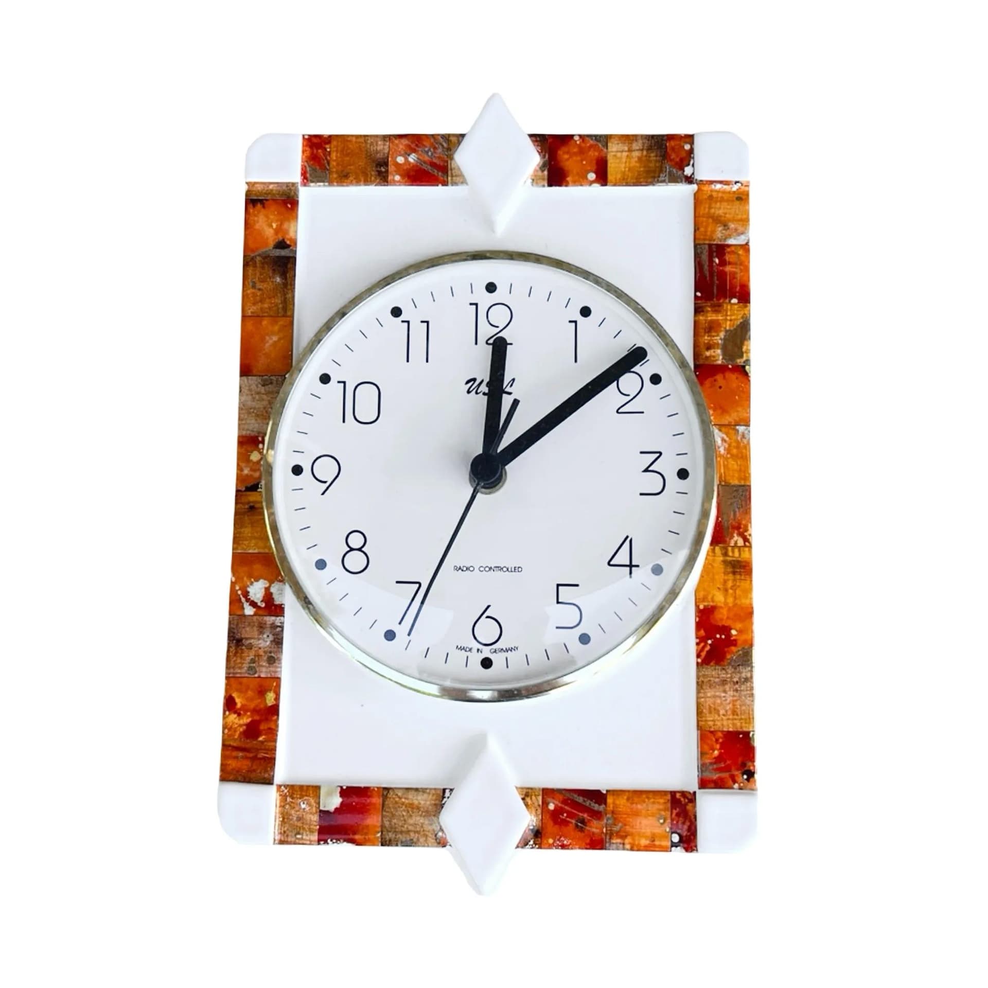 Zegar ścienny, mozaika geometryczna, pomarańczowy, ceramika, Niemcy, lata 80.