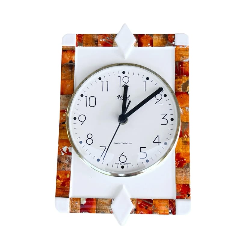 Zegar ścienny, mozaika geometryczna, pomarańczowy, ceramika, Niemcy, lata 80.