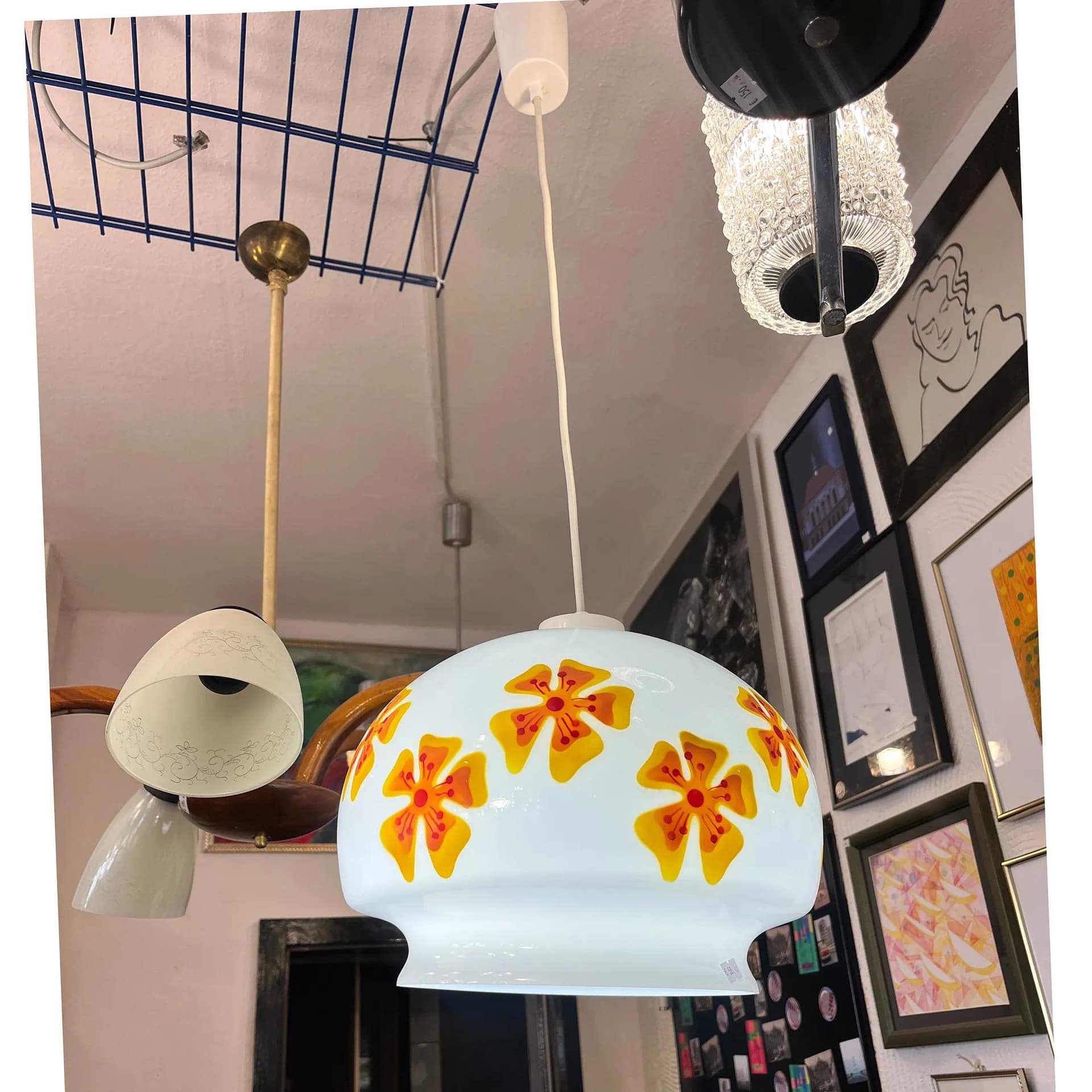 Pendant lamp, white multicolor glass, VEB Beleuchtungsglaskombinat Görlitz, Germany, 1970s. - 128232