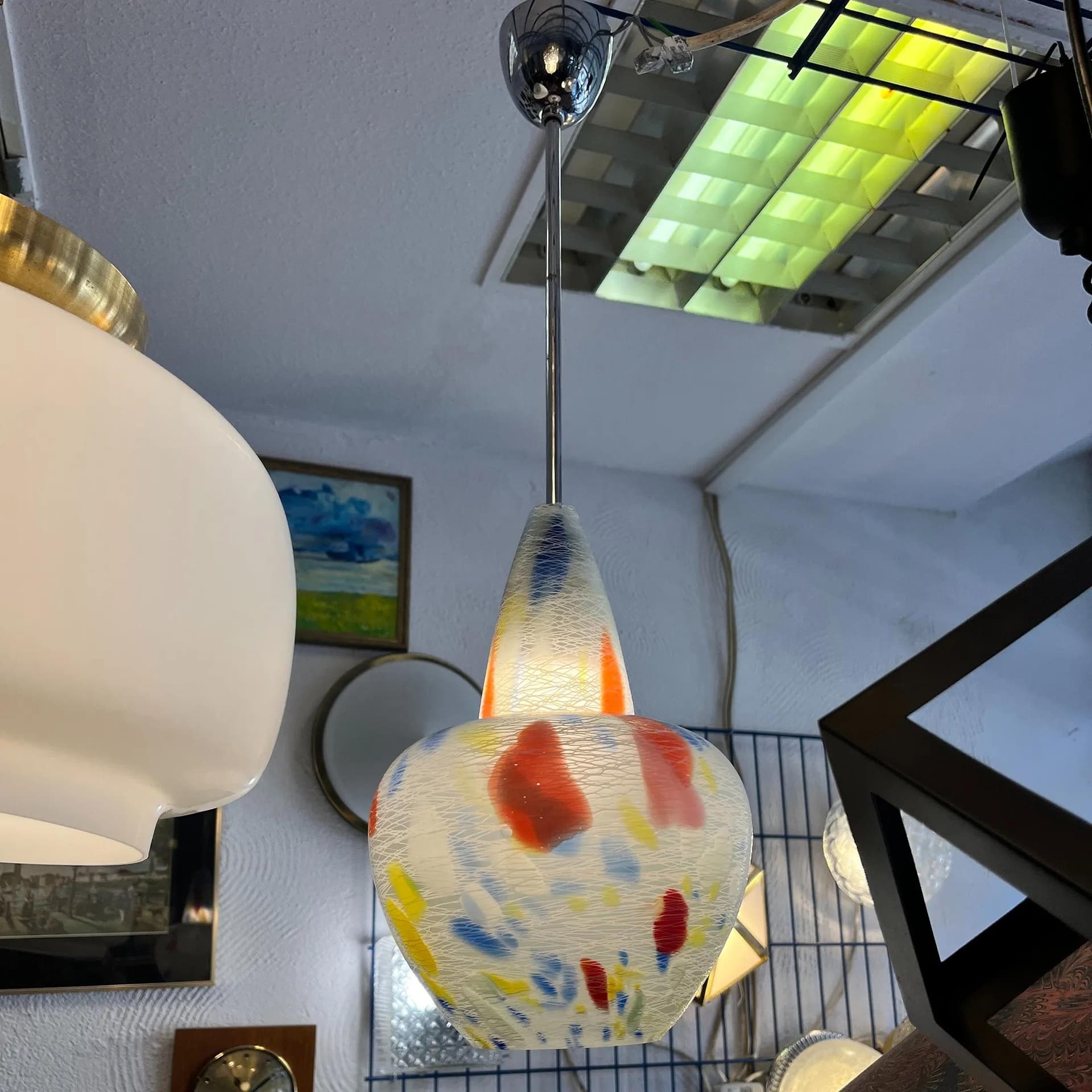 Pendant lamp, white multicolor glass, VEB Beleuchtungsglaskombinat Görlitz, Germany, 1970s. - 128230