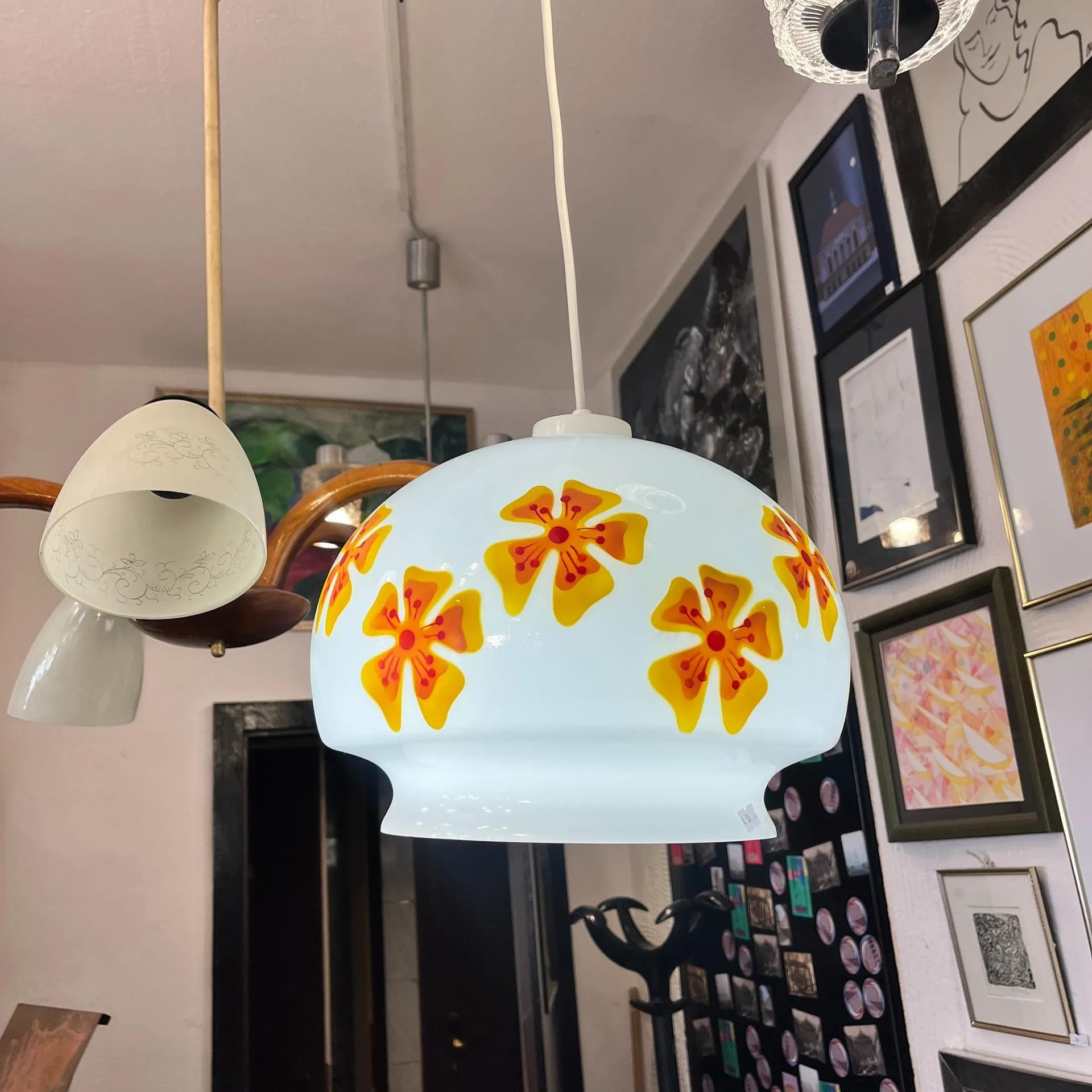 Pendant lamp, white multicolor glass, VEB Beleuchtungsglaskombinat Görlitz, Germany, 1970s. - 128231