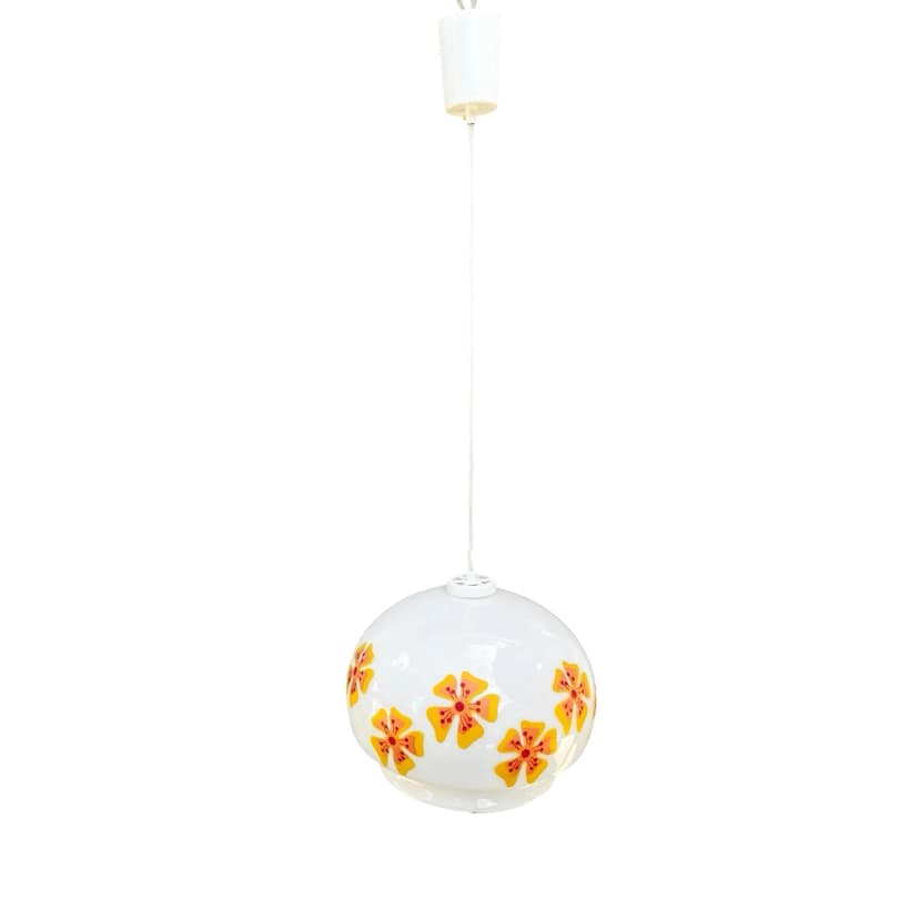 Pendant lamp, white multicolor glass, VEB Beleuchtungsglaskombinat Görlitz, Germany, 1970s.