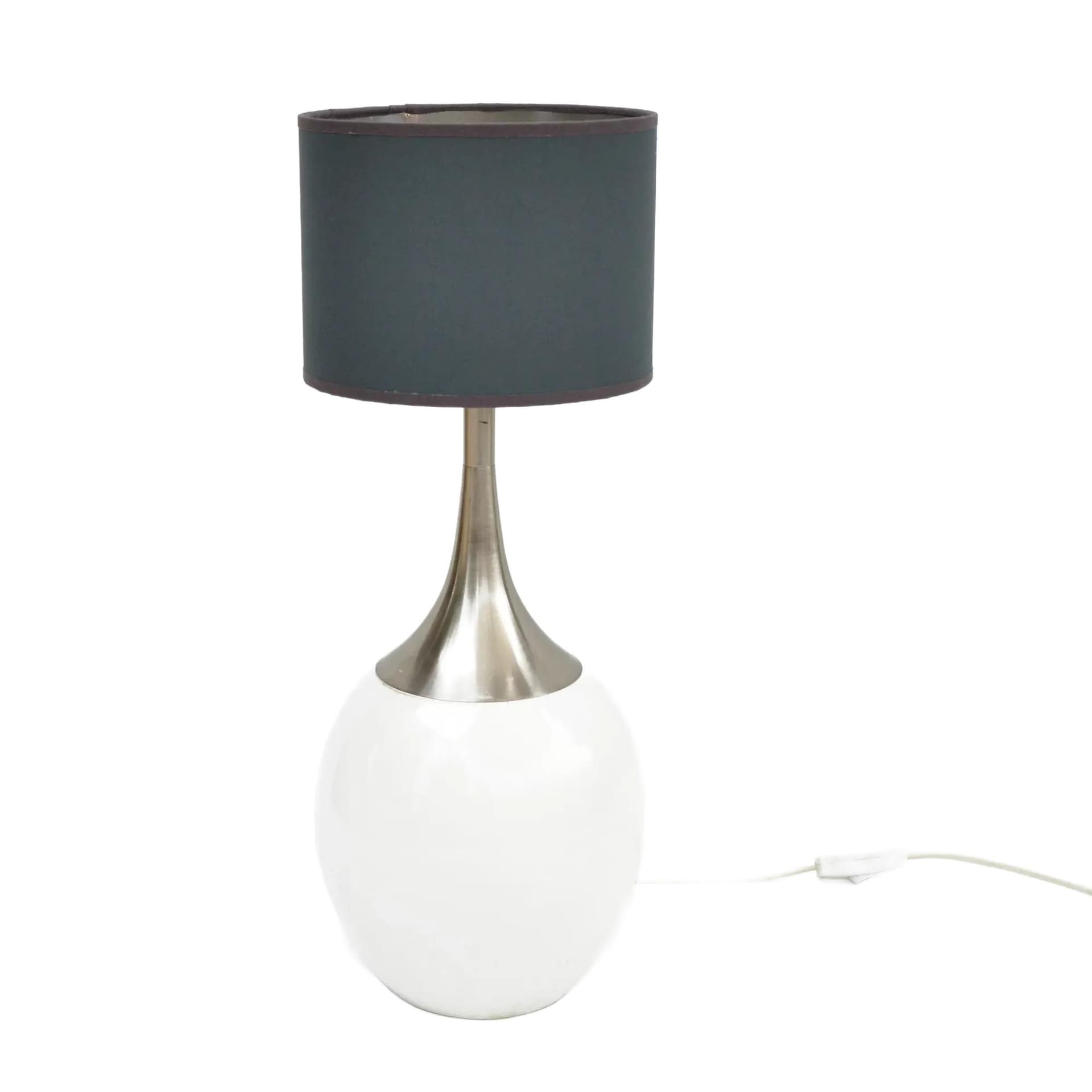 Lampa stołowa, szary klosz, ceramika biała, stal szczotkowana, tkanina, ROGO Leuchten, Niemcy, lata 80.