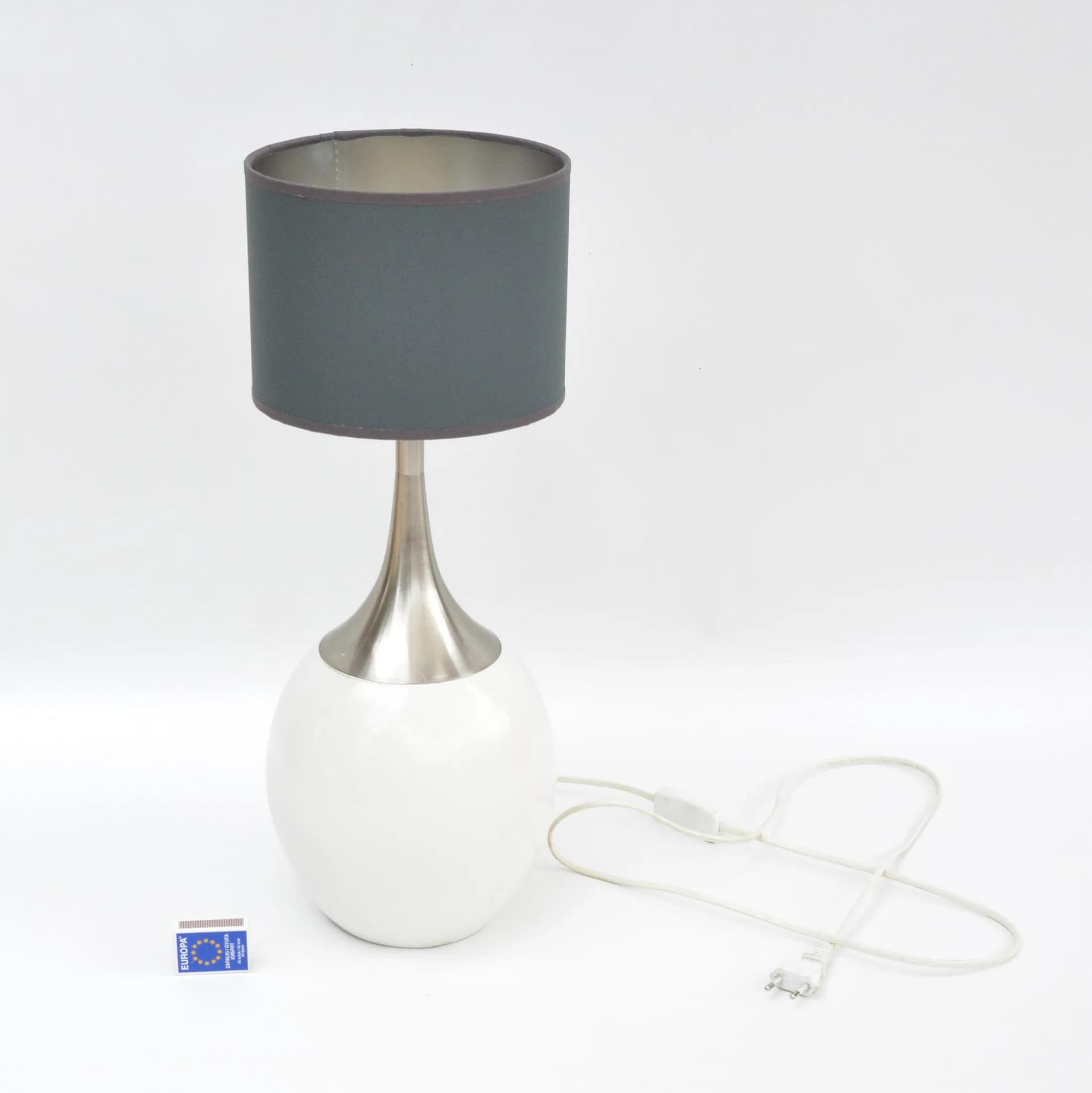 Lampa stołowa, szary klosz, ceramika biała, stal szczotkowana, tkanina, ROGO Leuchten, Niemcy, lata 80. - 128185